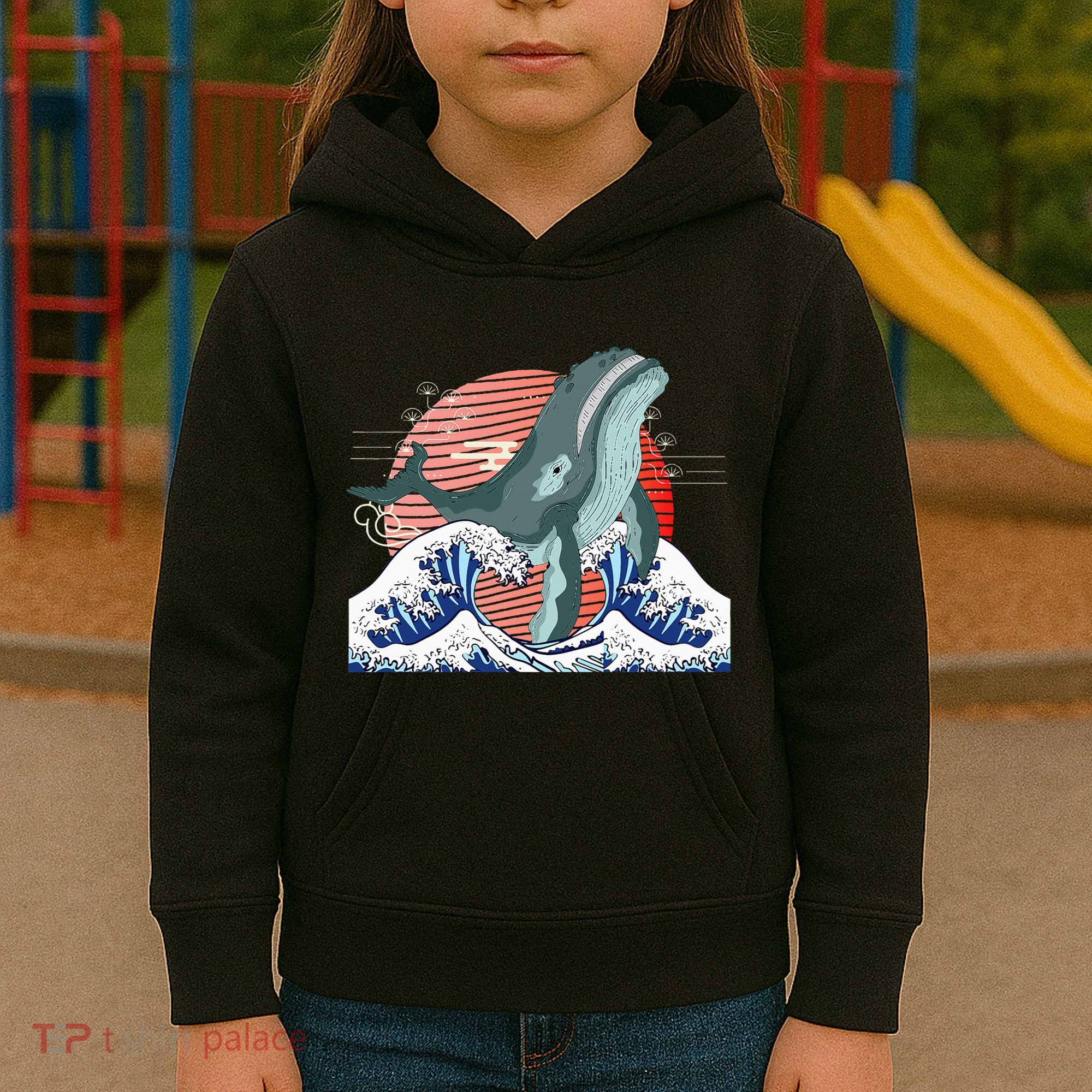 cute Humpback whale waves sea Japanese style Kids Hoodie