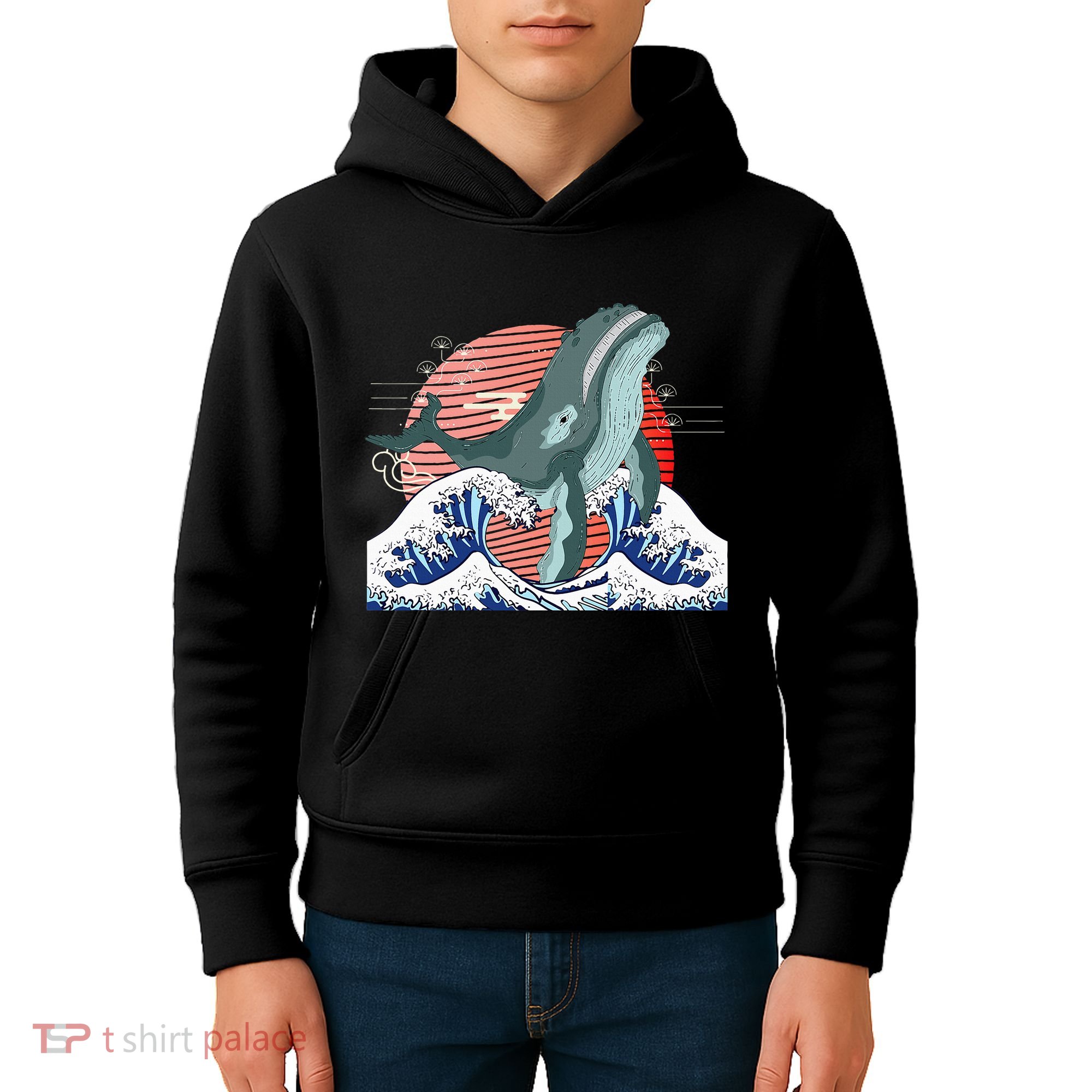 cute Humpback whale waves sea Japanese style Kids Hoodie