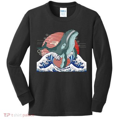 cute Humpback whale waves sea Japanese style Kids Long Sleeve Shirt
