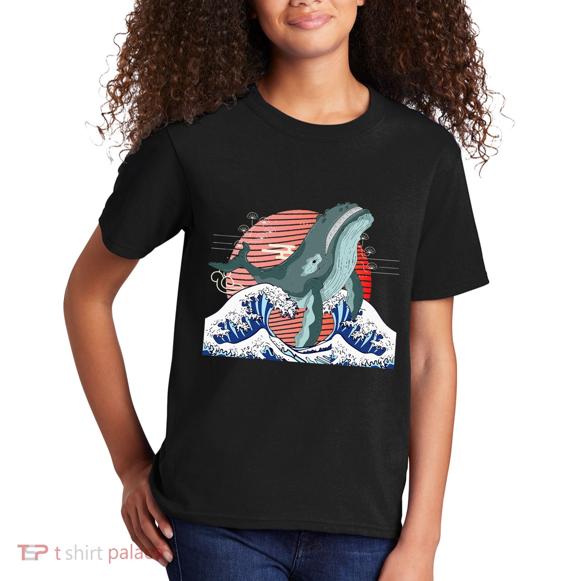 cute Humpback whale waves sea Japanese style Kids T-Shirt