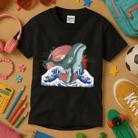 cute Humpback whale waves sea Japanese style Kids T-Shirt thumb 3