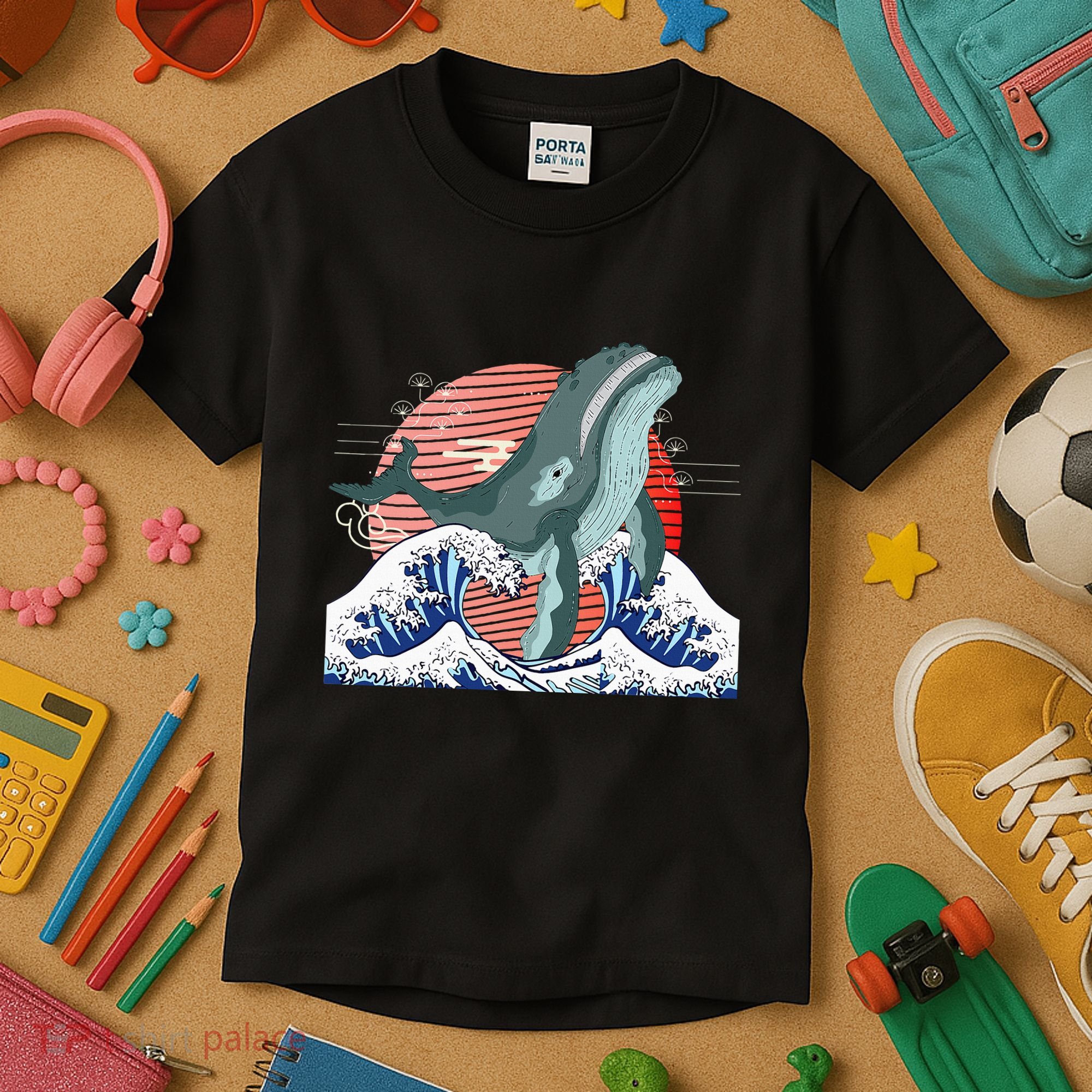 cute Humpback whale waves sea Japanese style Kids T-Shirt