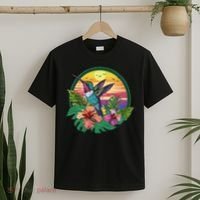 Cute Hummingbird With Flowers I Aesthetic Hummingbird T-Shirt thumb 2