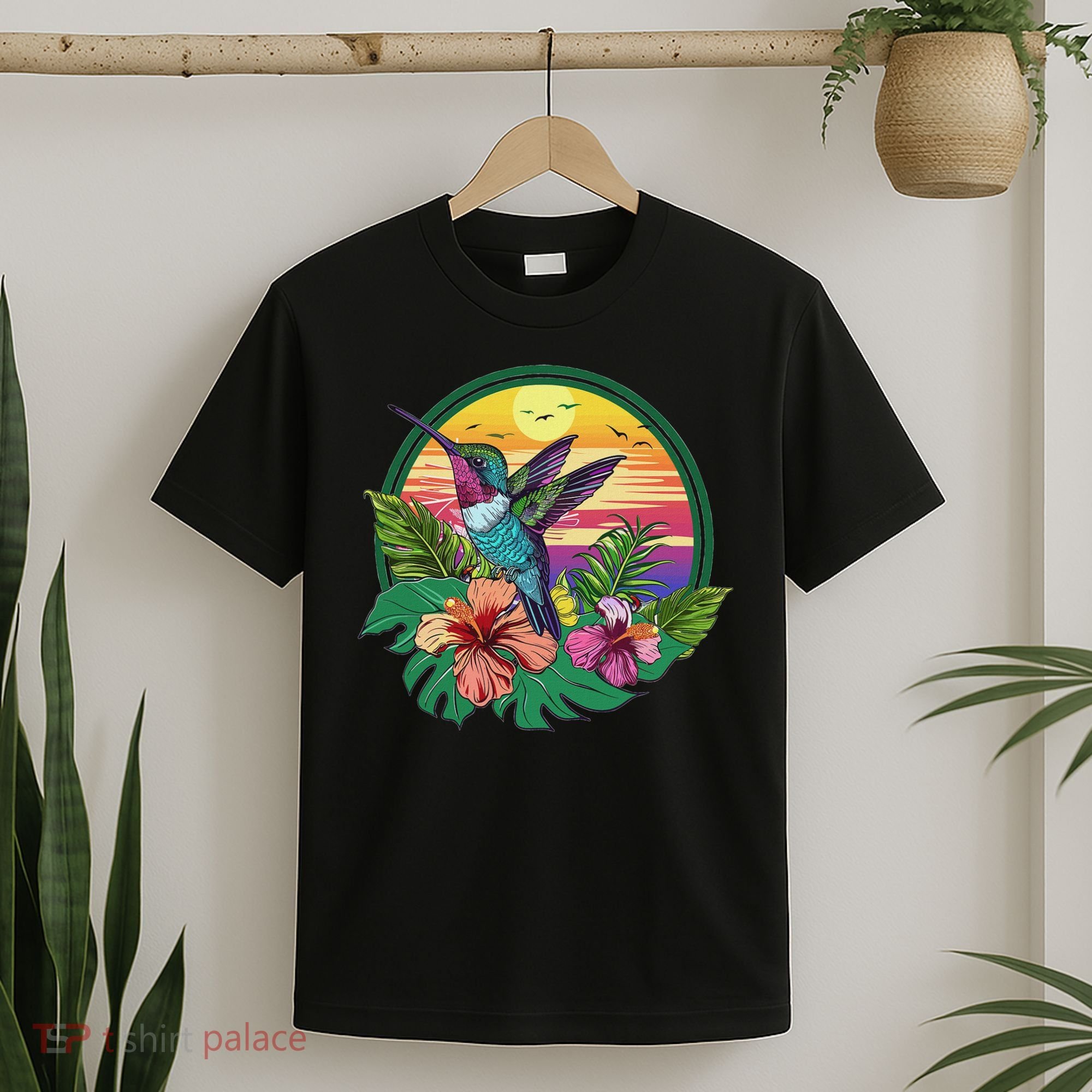 Cute Hummingbird With Flowers I Aesthetic Hummingbird T-Shirt