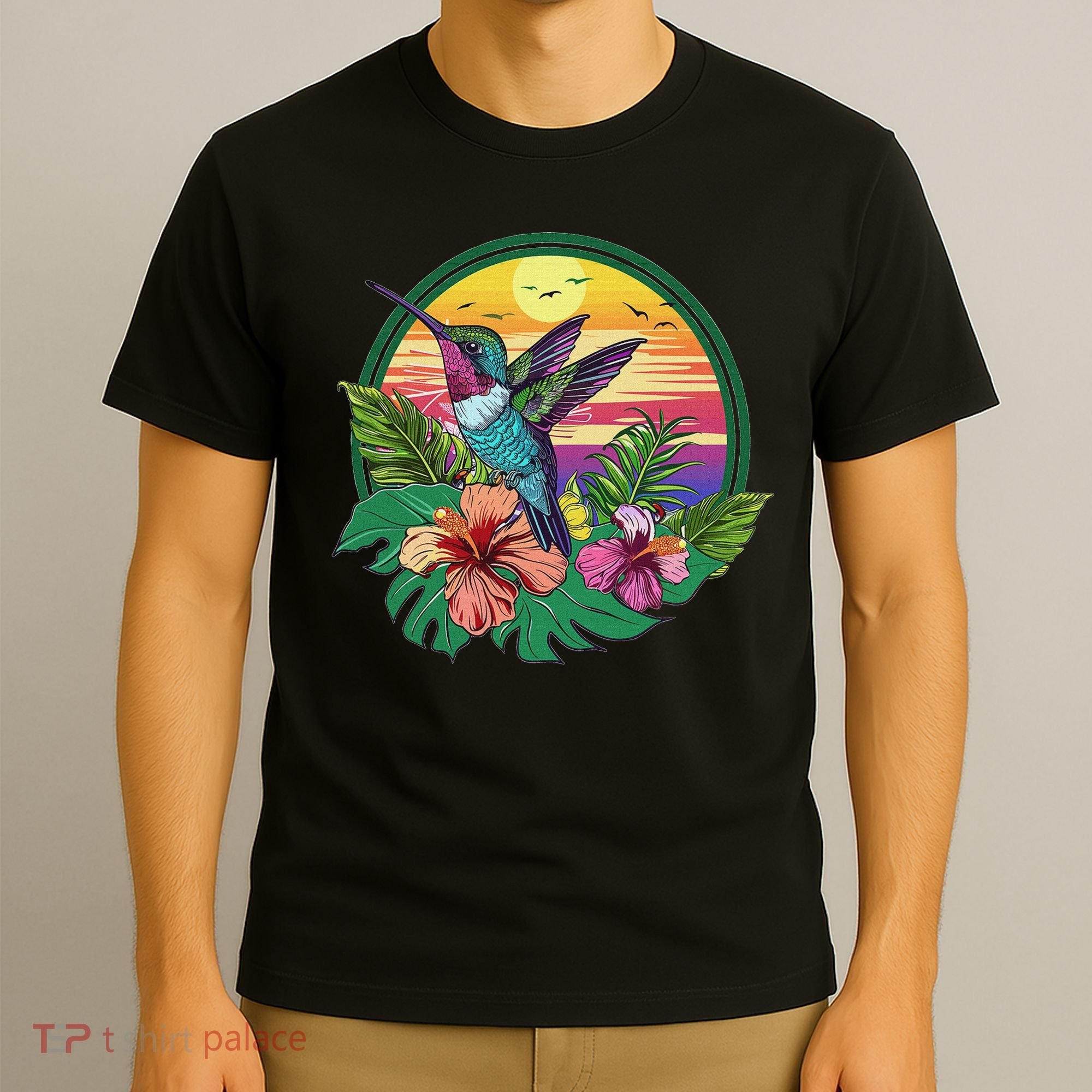 Cute Hummingbird With Flowers I Aesthetic Hummingbird T-Shirt