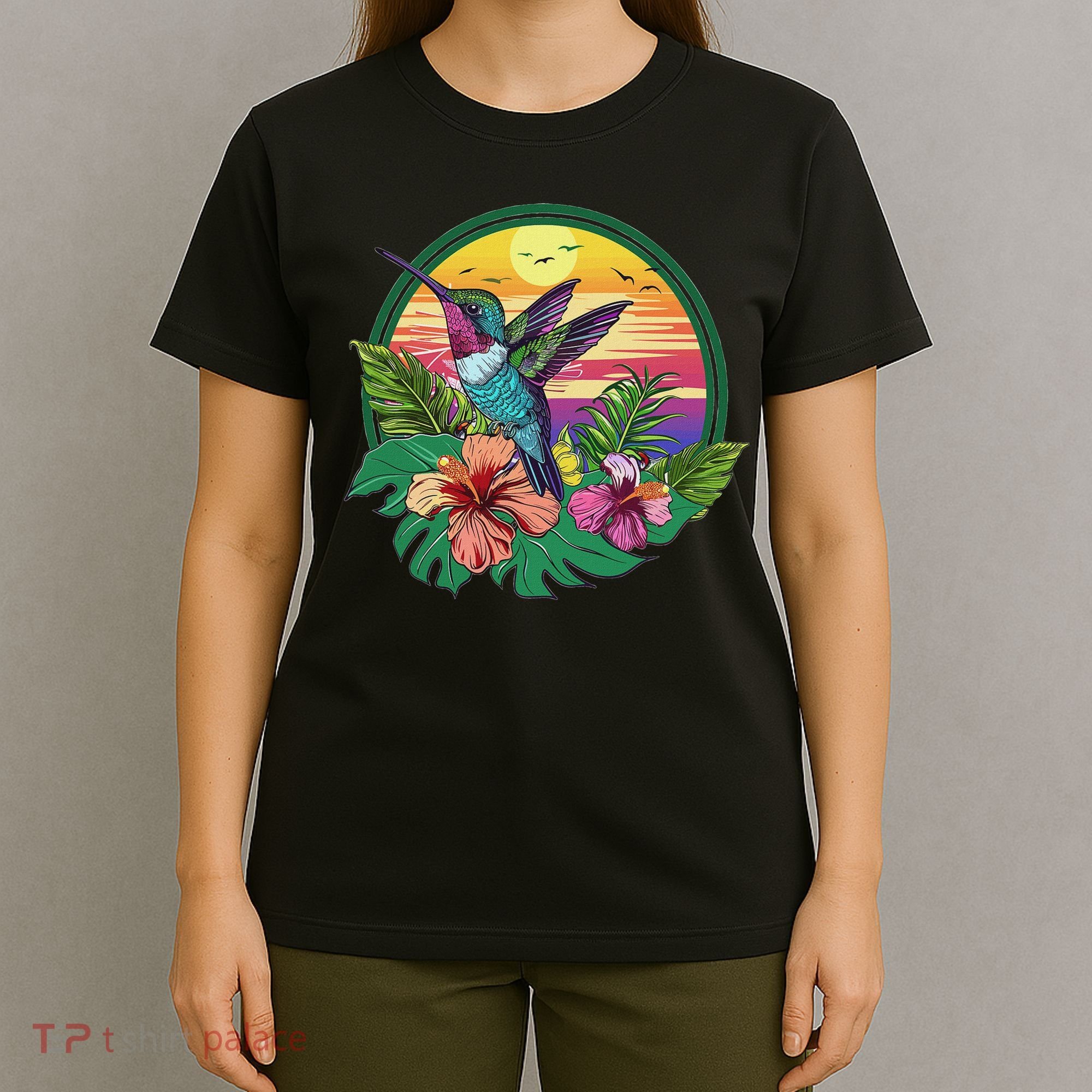 Cute Hummingbird With Flowers I Aesthetic Hummingbird T-Shirt