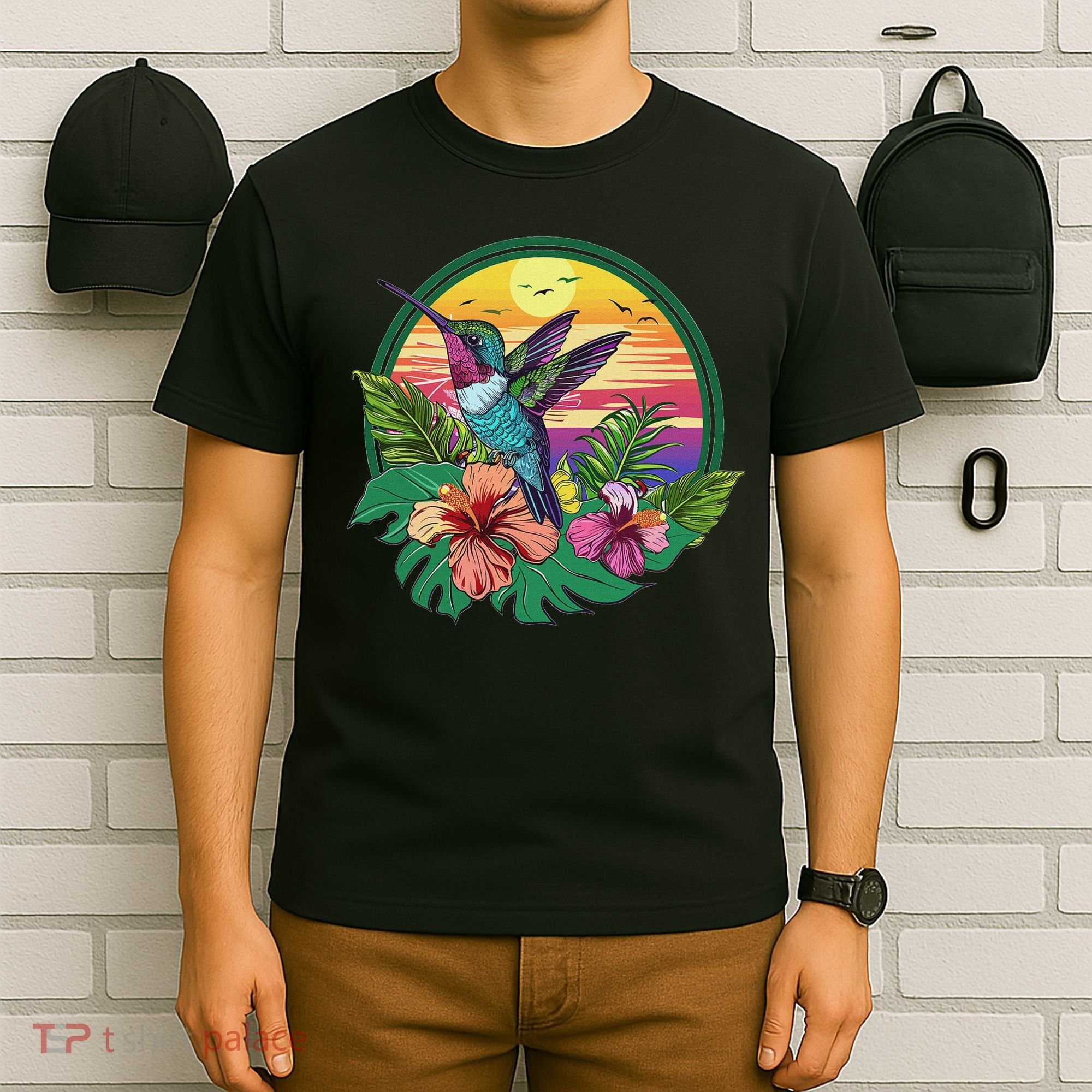 Cute Hummingbird With Flowers I Aesthetic Hummingbird T-Shirt