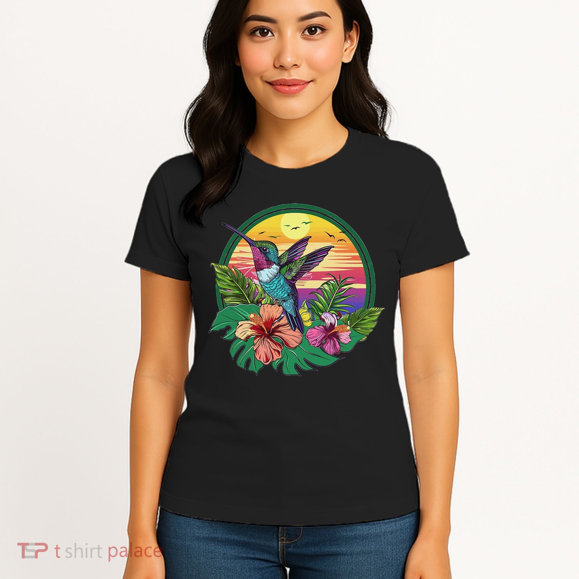 Cute Hummingbird With Flowers I Aesthetic Hummingbird Women's T-Shirt