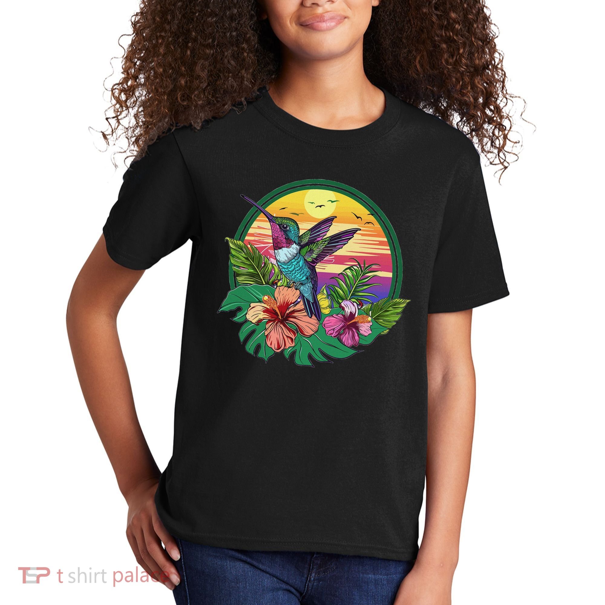 Cute Hummingbird With Flowers I Aesthetic Hummingbird Kids T-Shirt