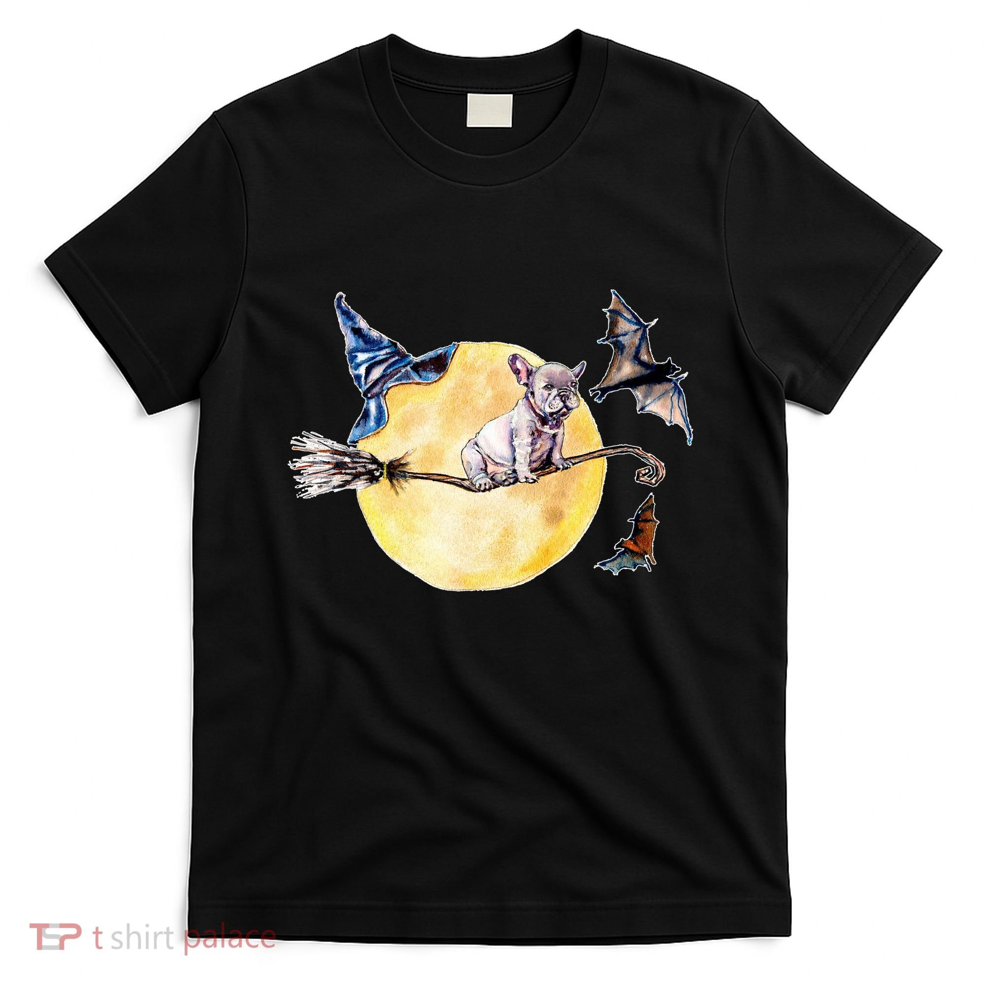 Cute Halloween Water Color Puppy On Witch Broom T-Shirt