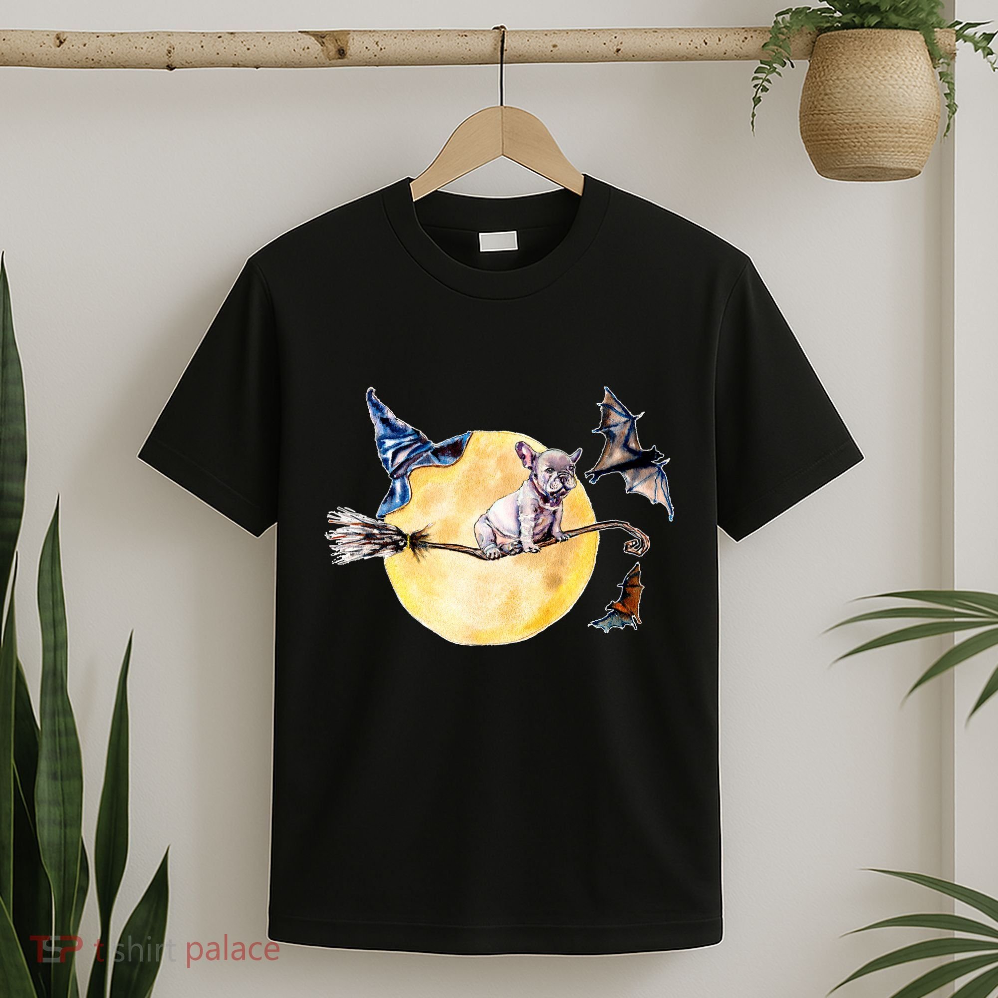 Cute Halloween Water Color Puppy On Witch Broom T-Shirt