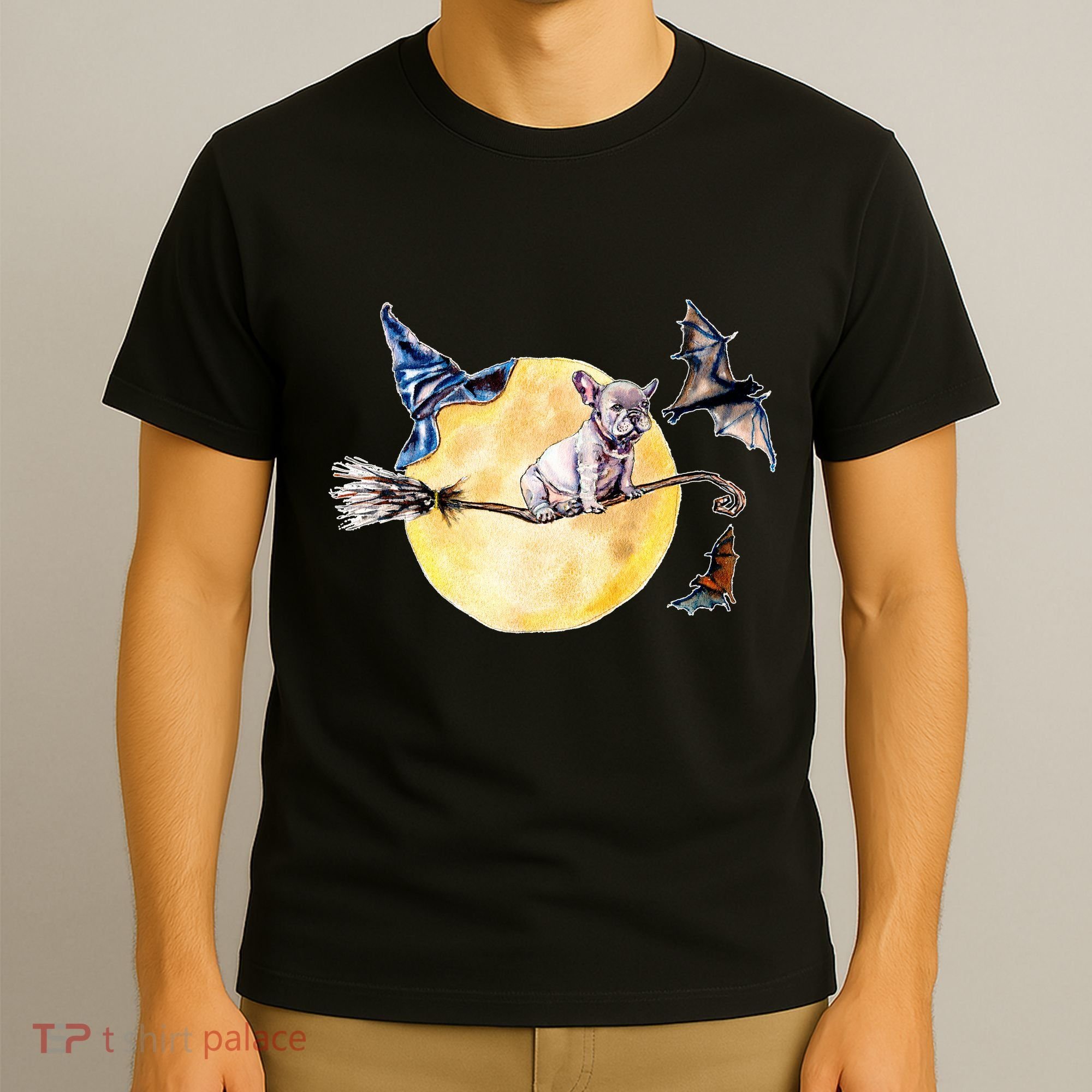 Cute Halloween Water Color Puppy On Witch Broom T-Shirt