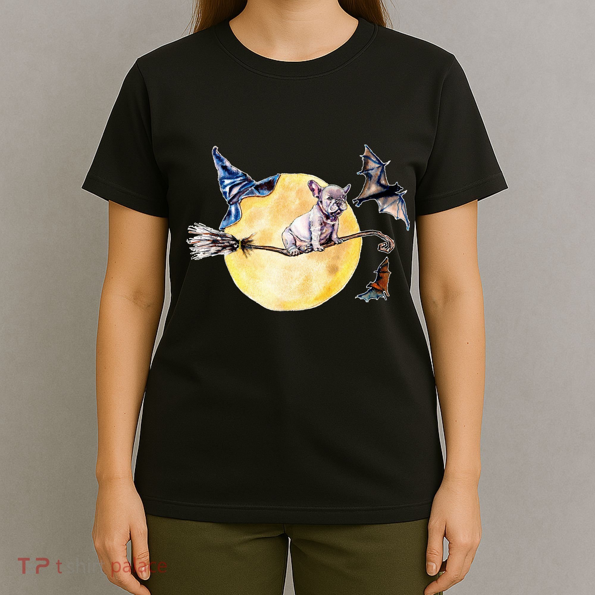 Cute Halloween Water Color Puppy On Witch Broom T-Shirt