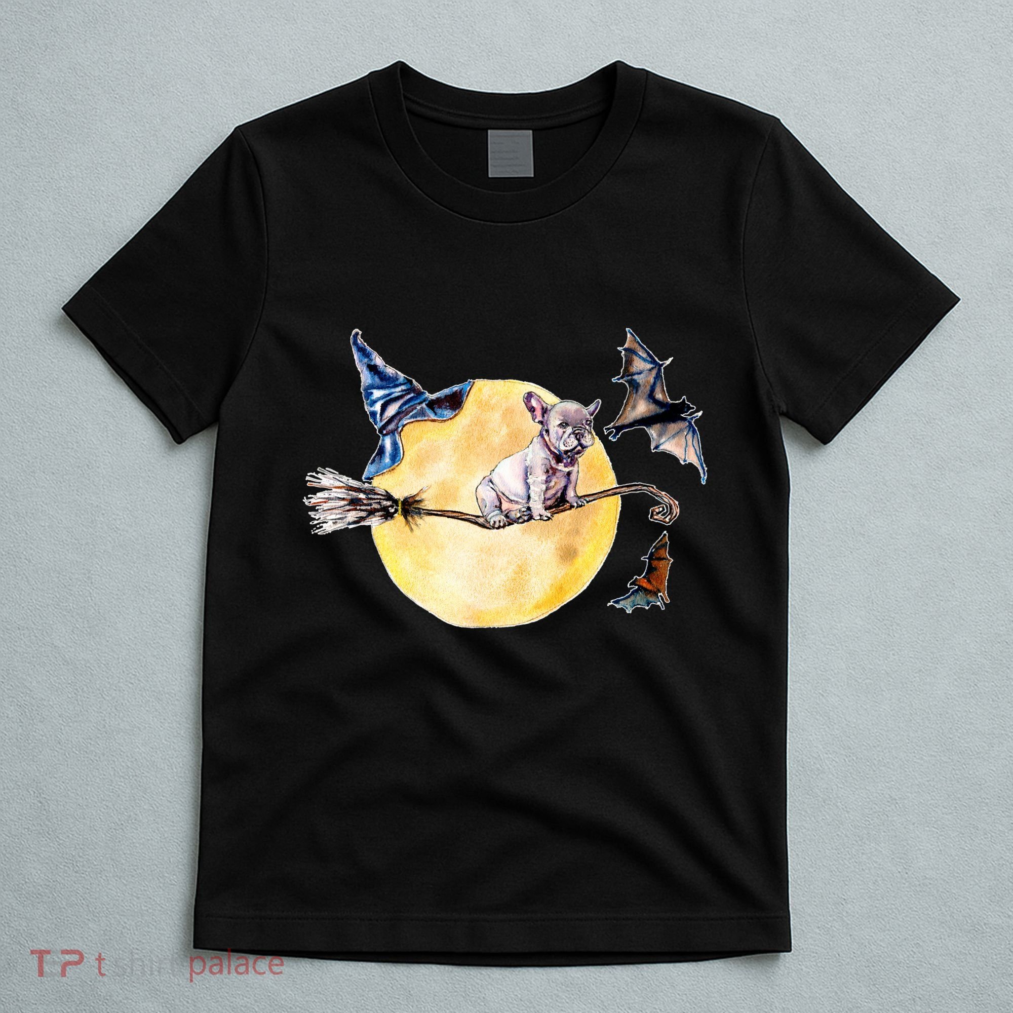 Cute Halloween Water Color Puppy On Witch Broom T-Shirt