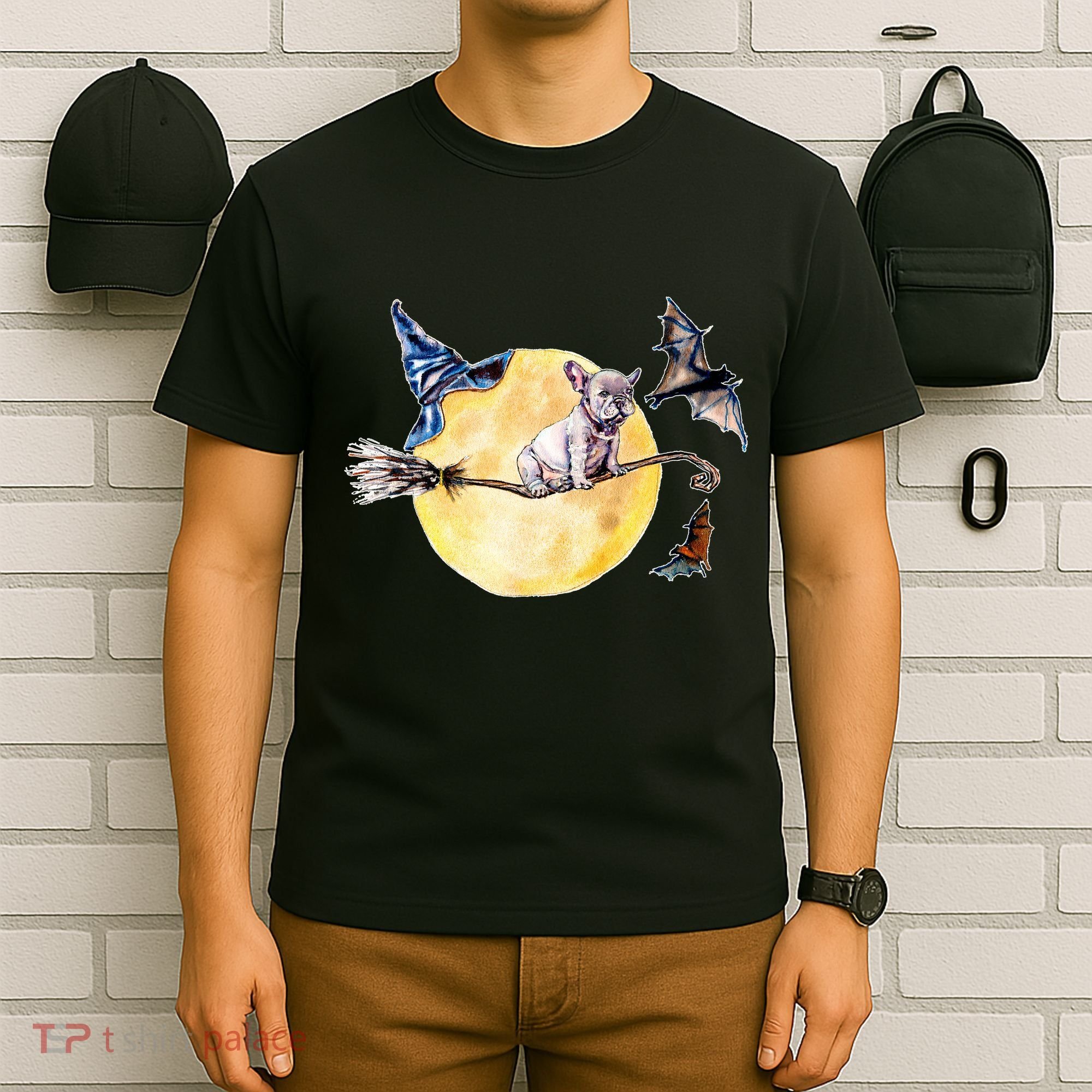 Cute Halloween Water Color Puppy On Witch Broom T-Shirt