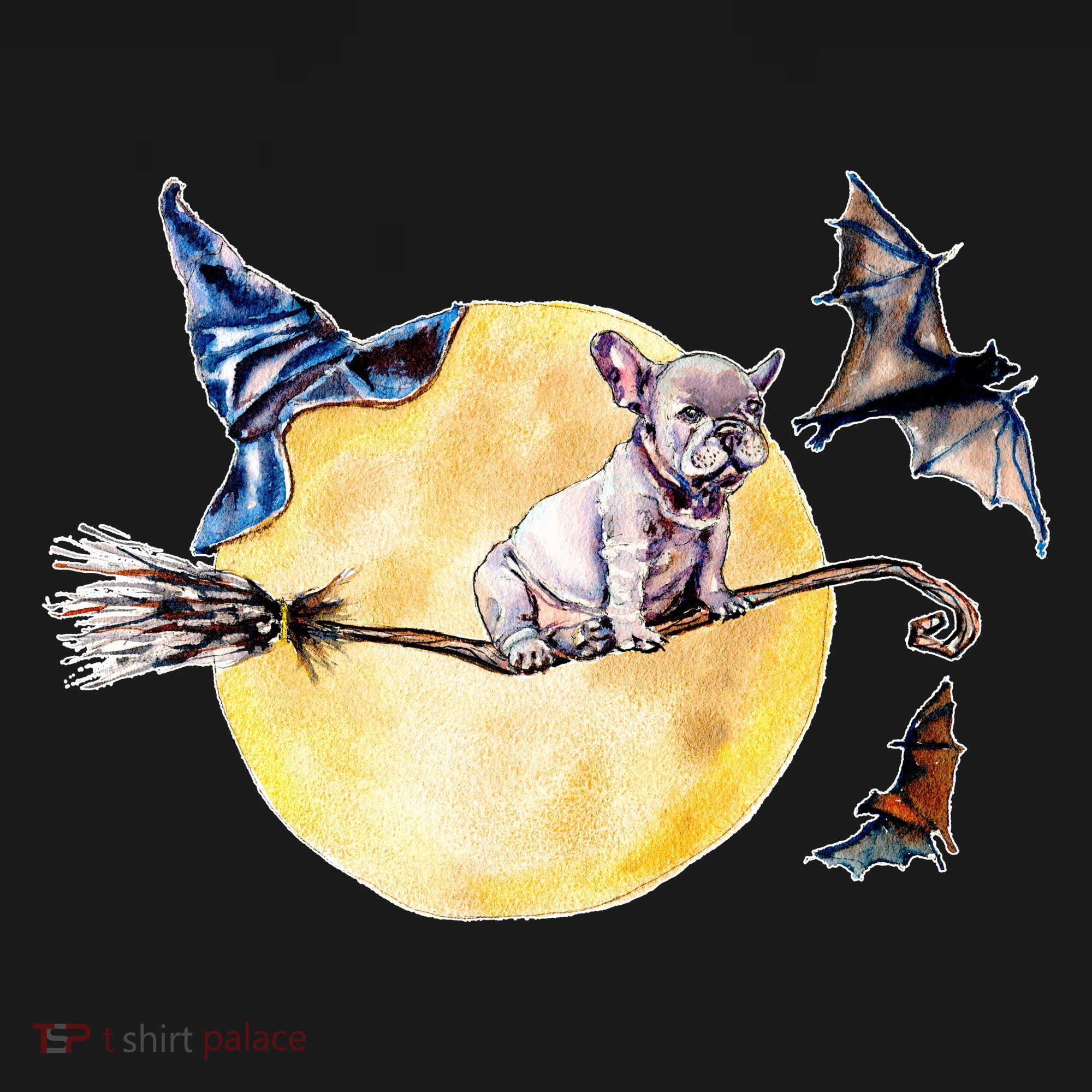 Cute Halloween Water Color Puppy On Witch Broom T-Shirt