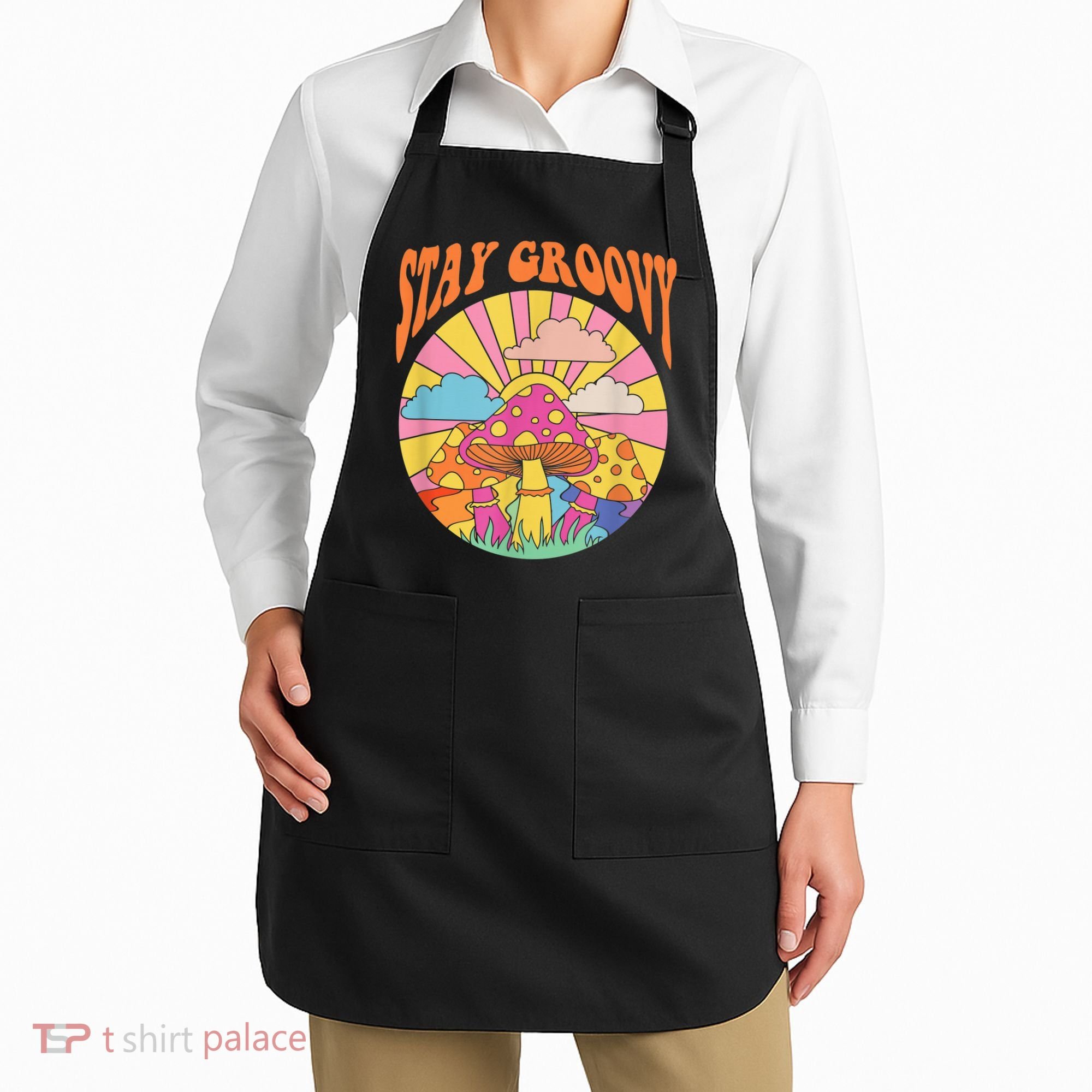 Cute Indie Aesthetic Mushroom Stay Groovy Retro 70s Hippie Apron