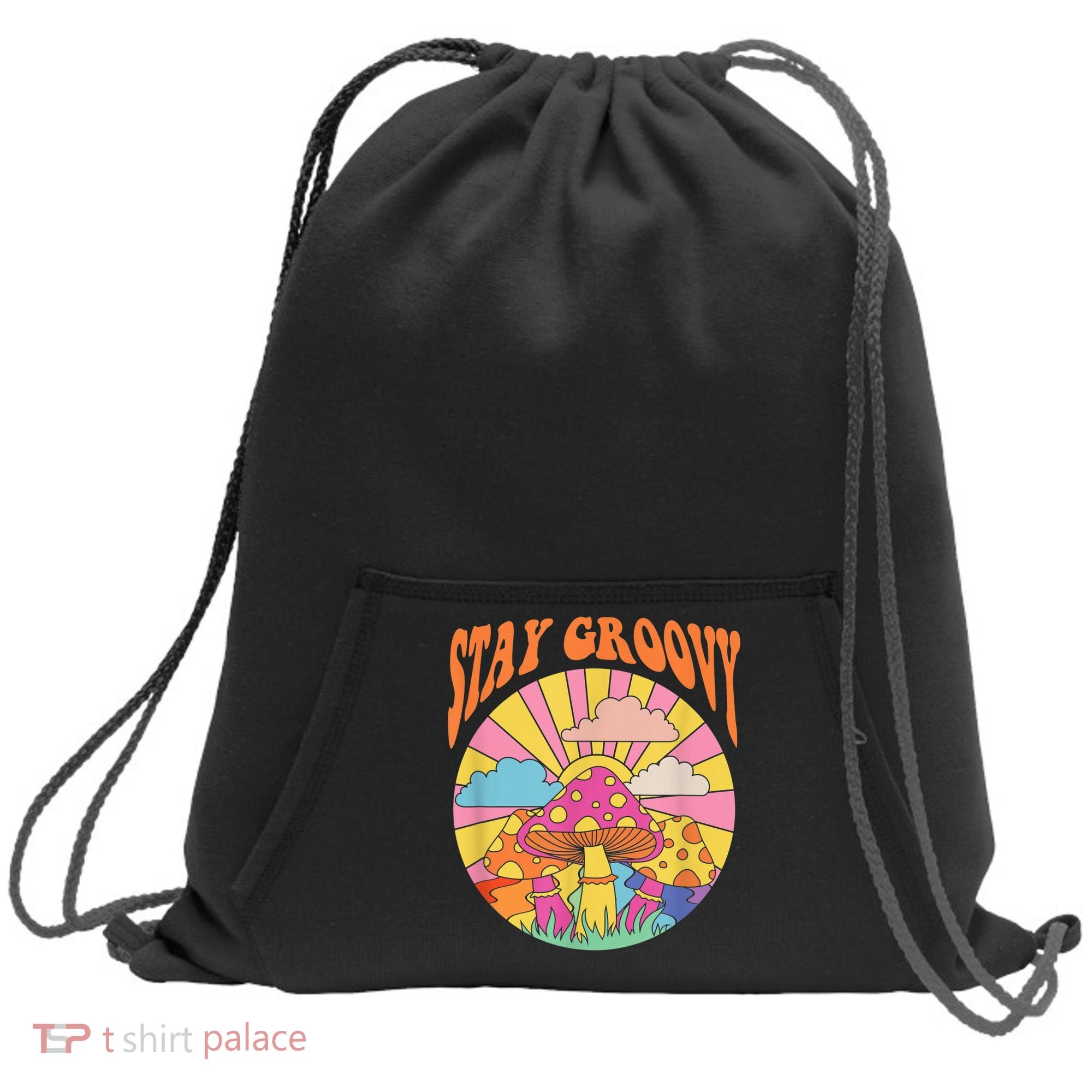 Cute Indie Aesthetic Mushroom Stay Groovy Retro 70s Hippie Sweatshirt Cinch Pack Bag