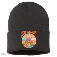 Cute Indie Aesthetic Mushroom Stay Groovy Retro 70s Hippie Sustainable Knit Beanie thumb 0
