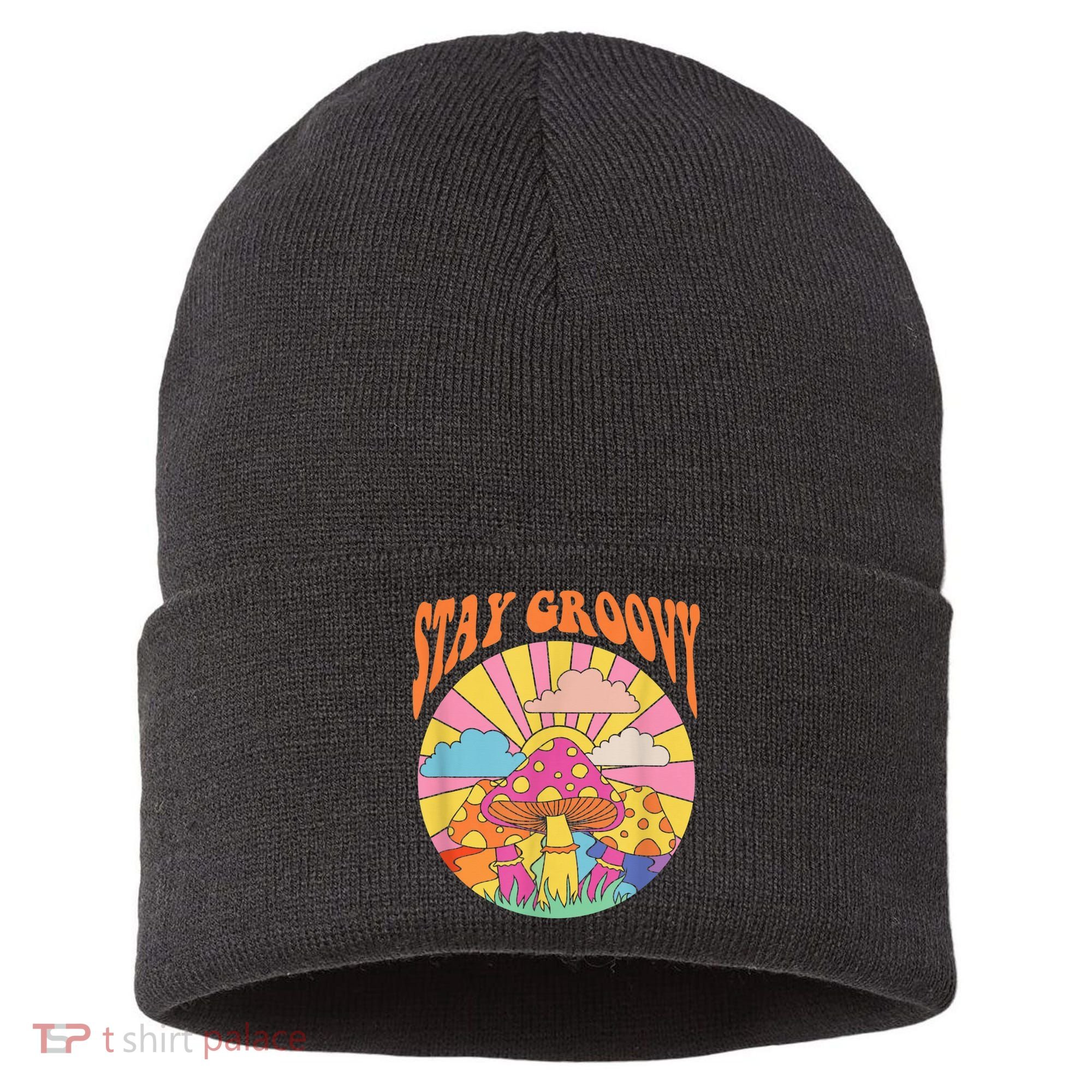 Cute Indie Aesthetic Mushroom Stay Groovy Retro 70s Hippie Sustainable Knit Beanie