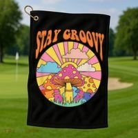Cute Indie Aesthetic Mushroom Stay Groovy Retro 70s Hippie Golf Towel thumb 1