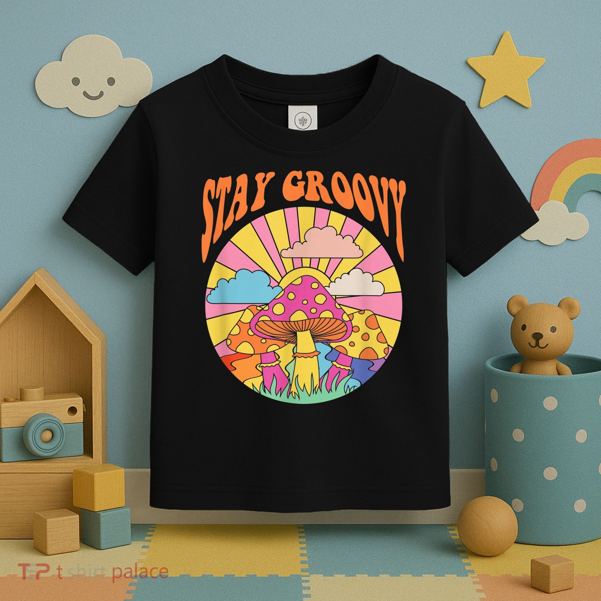 Cute Indie Aesthetic Mushroom Stay Groovy Retro 70s Hippie Toddler T-Shirt
