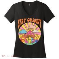 Cute Indie Aesthetic Mushroom Stay Groovy Retro 70s Hippie Women's V-Neck T-Shirt thumb 0