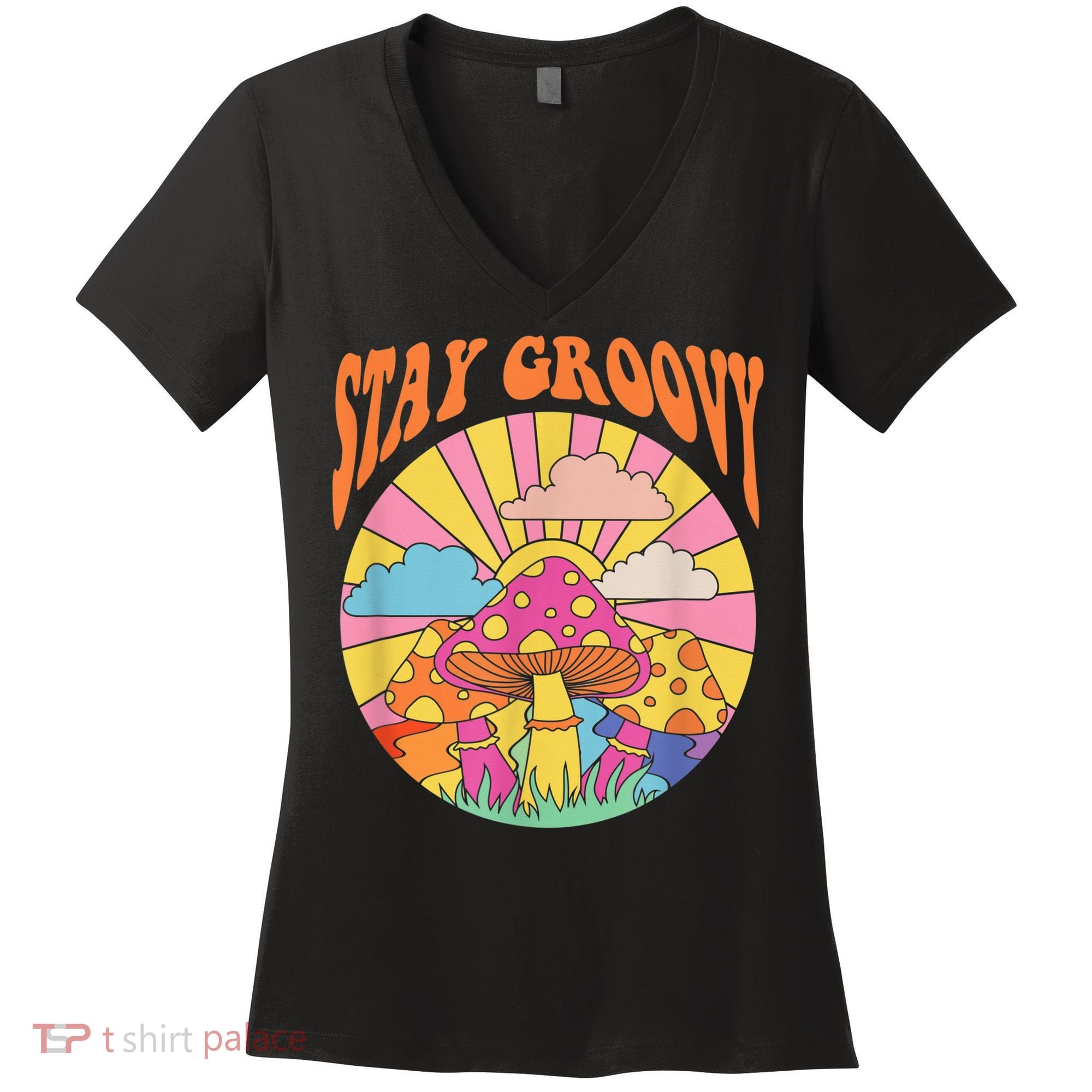 Cute Indie Aesthetic Mushroom Stay Groovy Retro 70s Hippie Women's V-Neck T-Shirt
