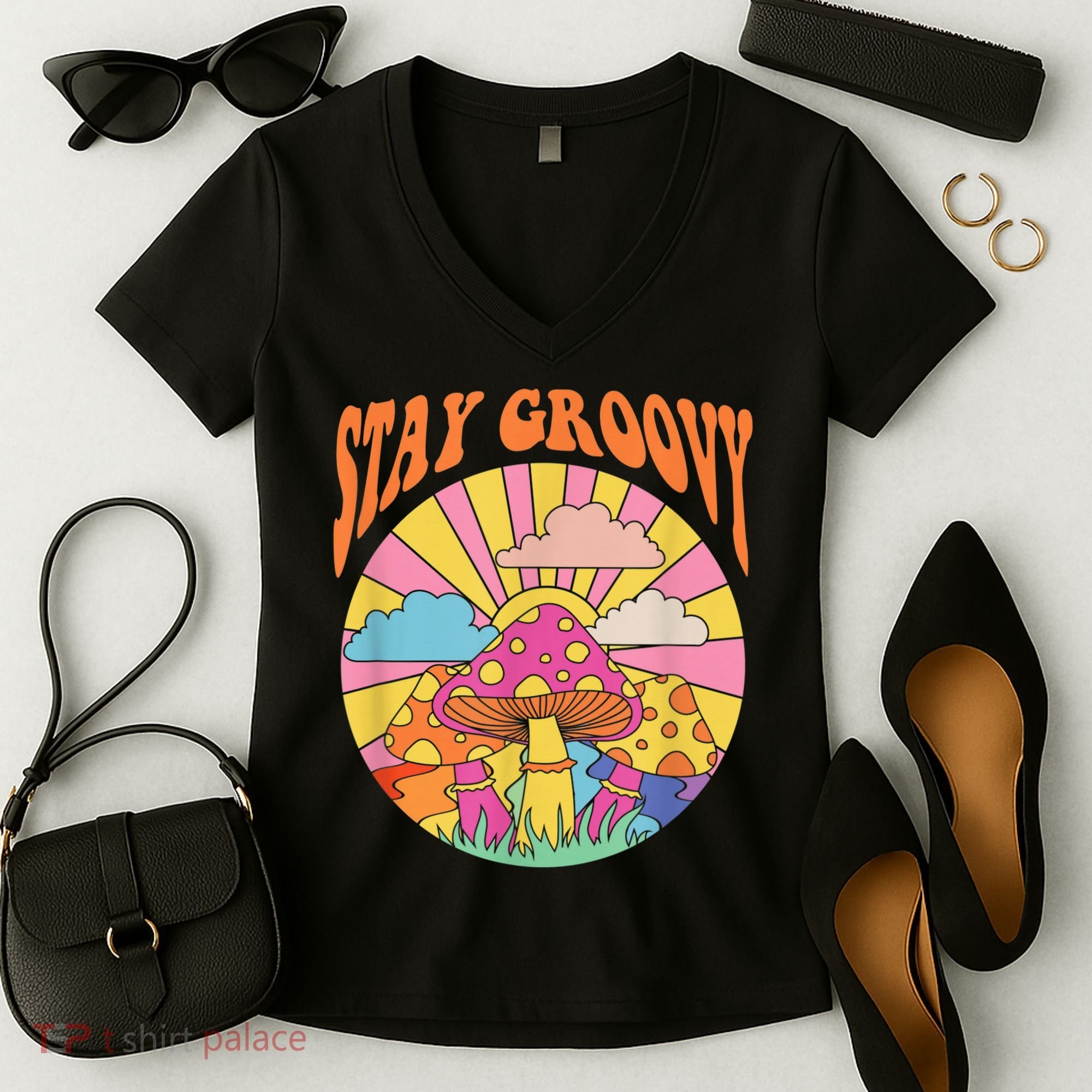 Cute Indie Aesthetic Mushroom Stay Groovy Retro 70s Hippie Women's V-Neck T-Shirt