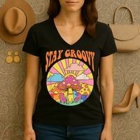 Cute Indie Aesthetic Mushroom Stay Groovy Retro 70s Hippie Women's V-Neck T-Shirt thumb 3