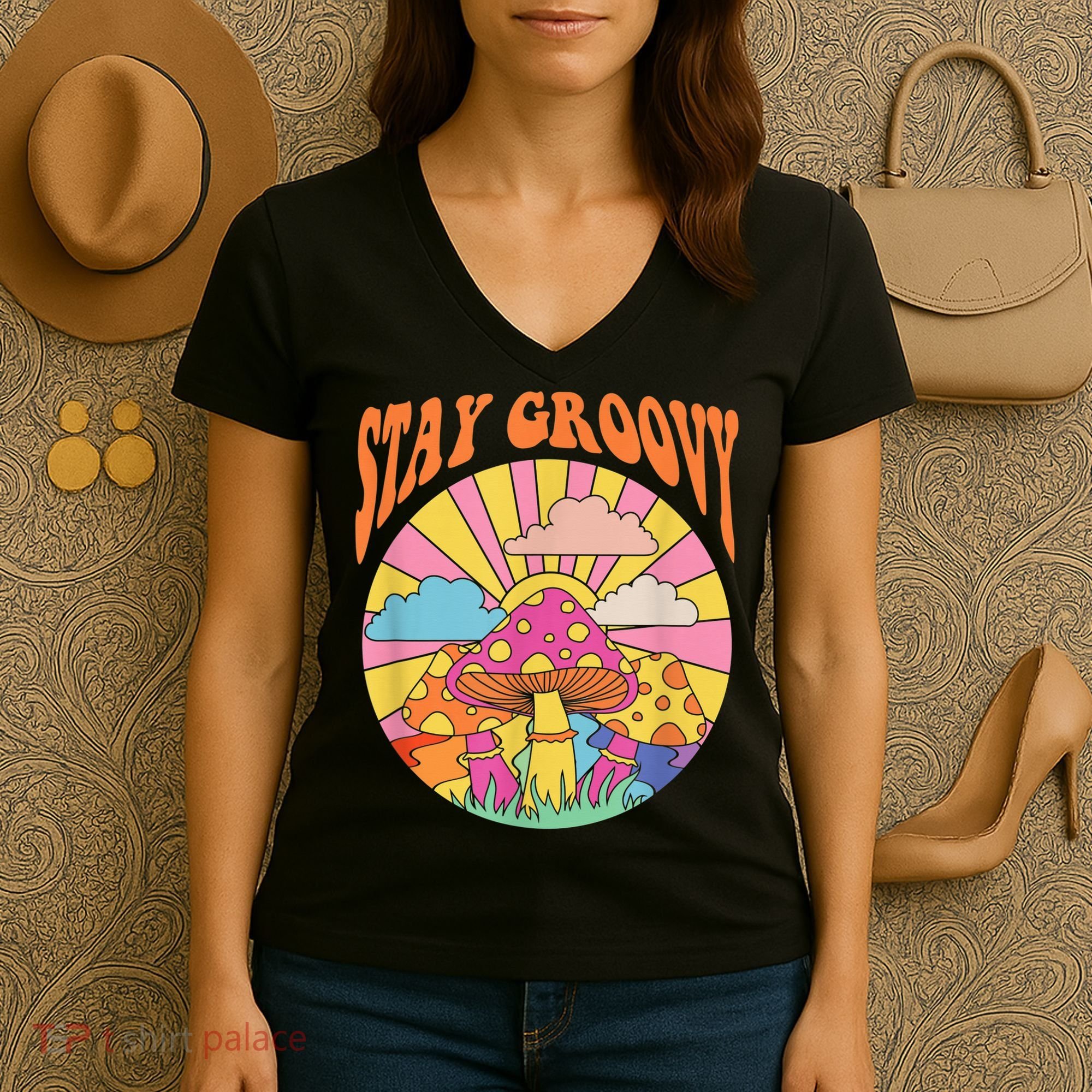 Cute Indie Aesthetic Mushroom Stay Groovy Retro 70s Hippie Women's V-Neck T-Shirt