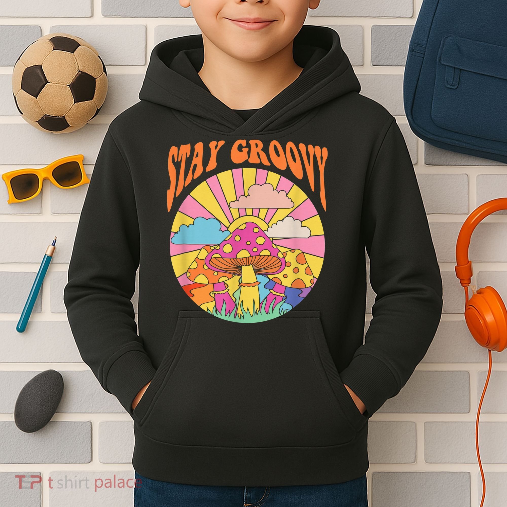 Cute Indie Aesthetic Mushroom Stay Groovy Retro 70s Hippie Kids Hoodie