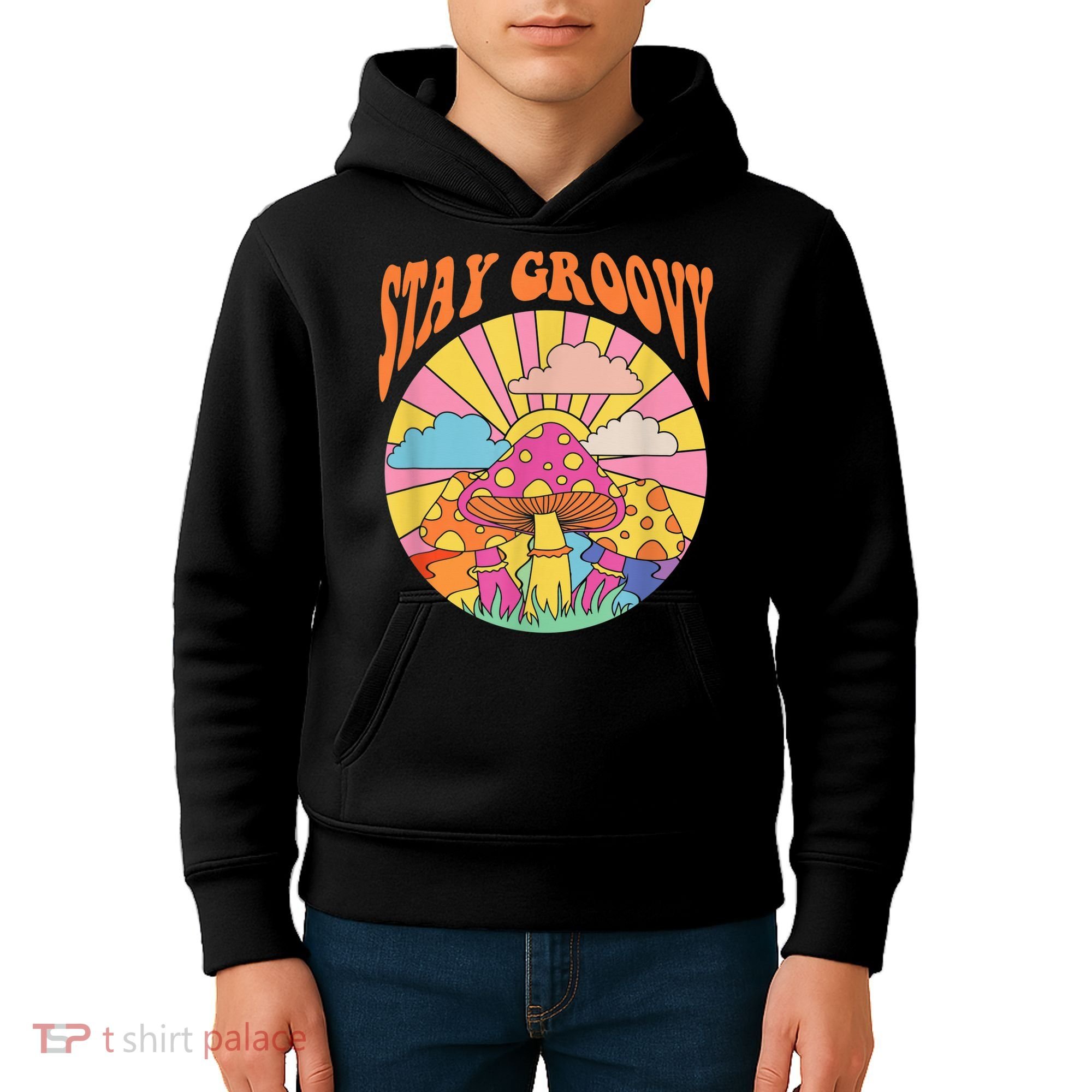 Cute Indie Aesthetic Mushroom Stay Groovy Retro 70s Hippie Kids Hoodie