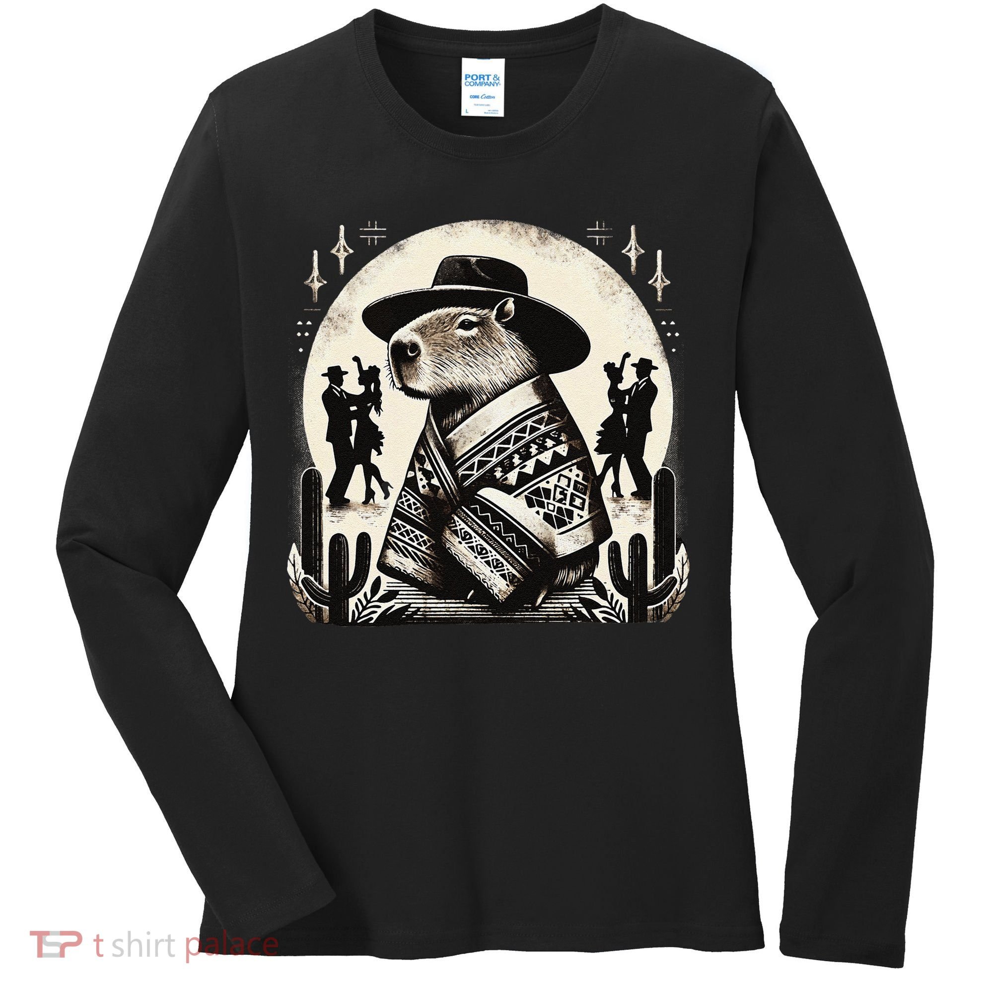 Capybara In Cowboy Hat And Poncho Dance Mexico Women's Long Sleeve Shirt