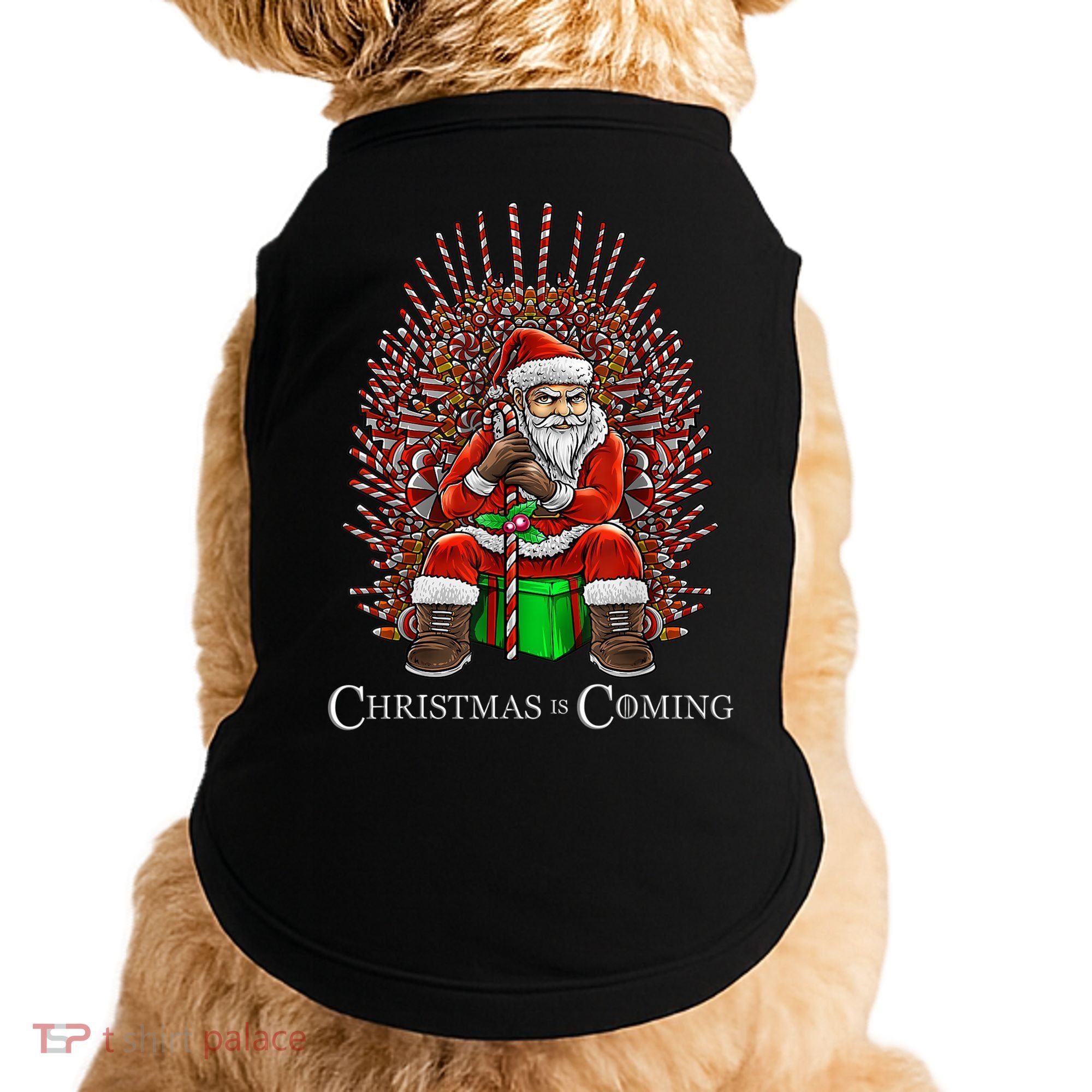 Christmas Is Coming Santa Sitting On Throne Funny Christmas TShirt Doggie Tank