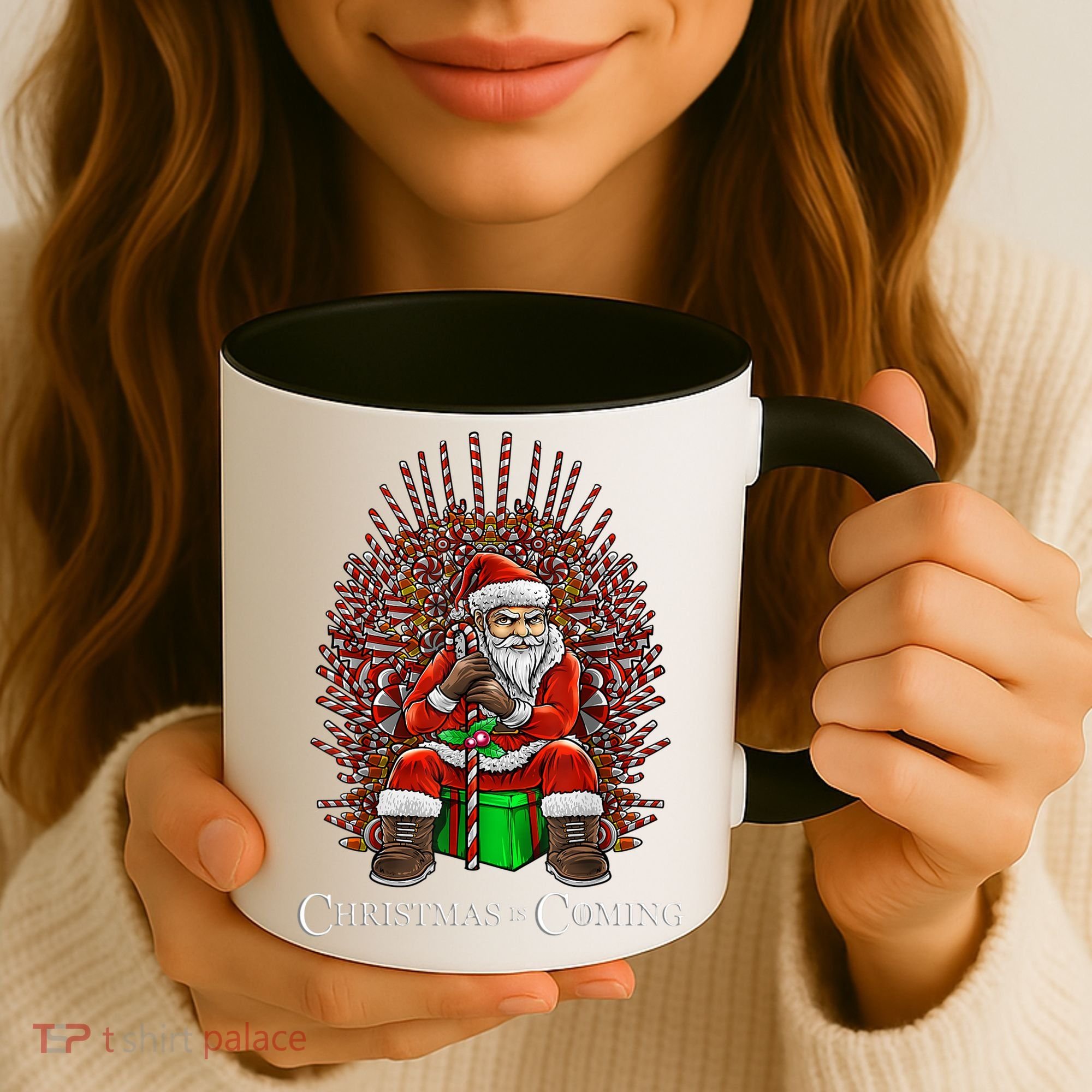Christmas Is Coming Santa Sitting On Throne Funny Christmas TShirt Coffee Mug