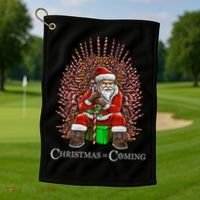 Christmas Is Coming Santa Sitting On Throne Funny Christmas TShirt Golf Towel thumb 1