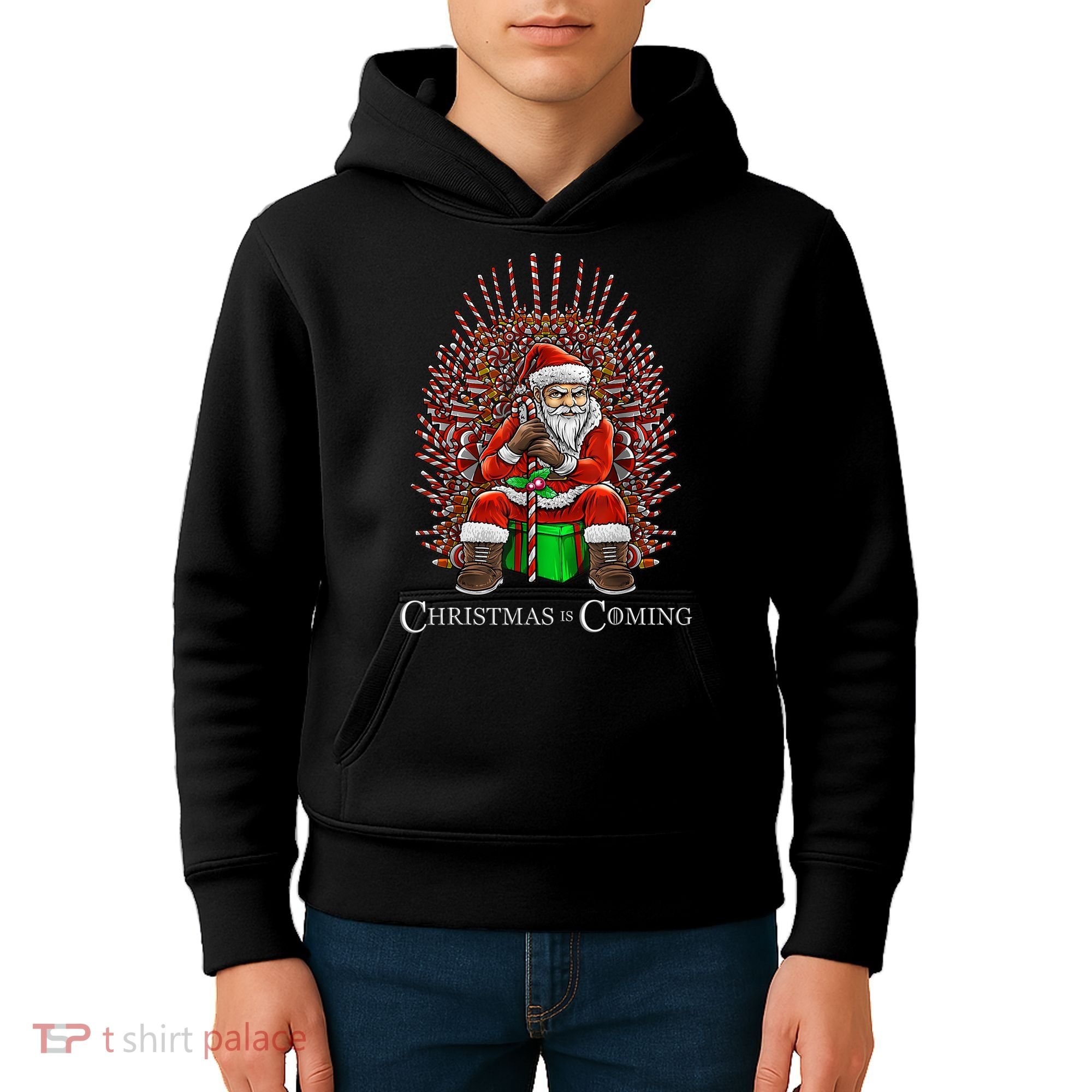 Christmas Is Coming Santa Sitting On Throne Funny Christmas TShirt Kids Hoodie