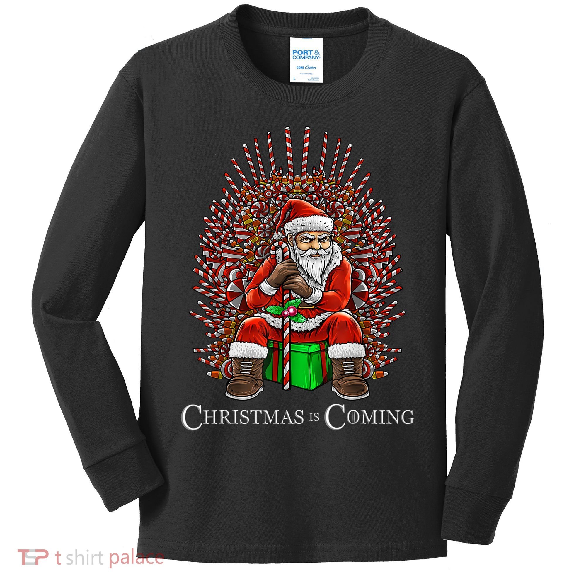 Christmas Is Coming Santa Sitting On Throne Funny Christmas TShirt Kids Long Sleeve Shirt