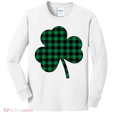 Checkered Irish Clover Leaf Kids Long Sleeve Shirt