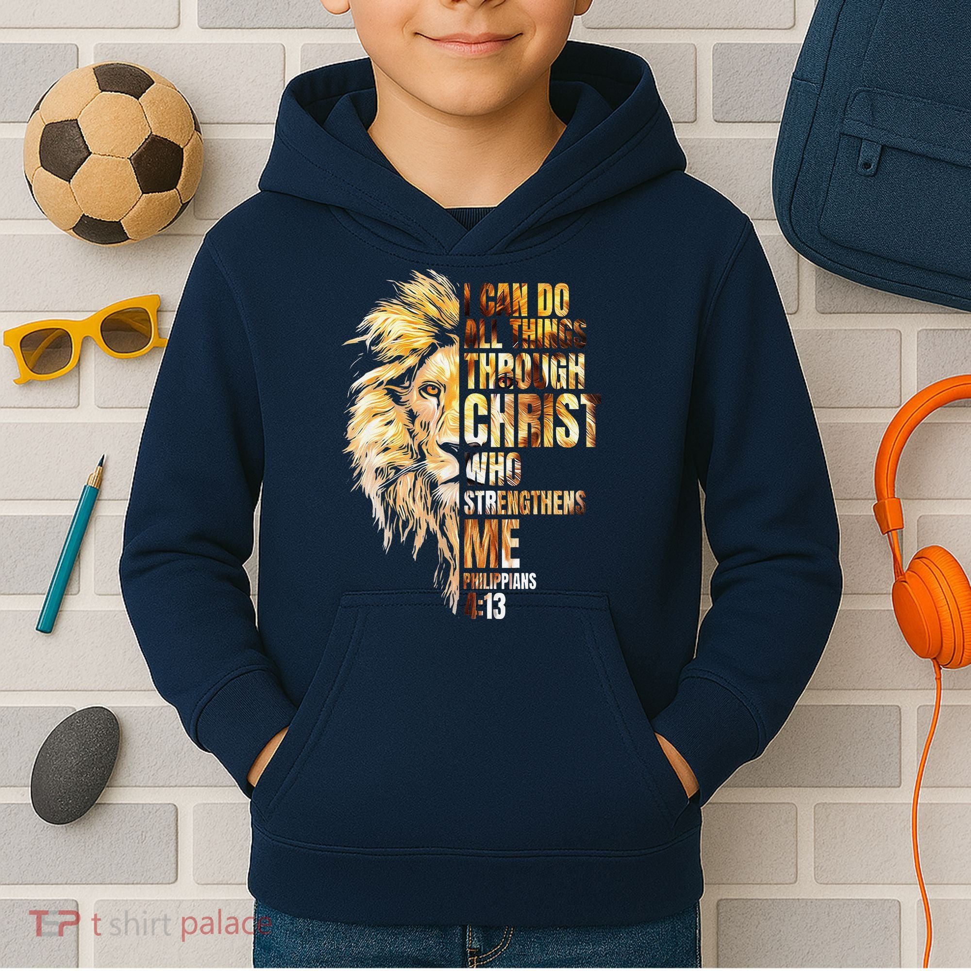 Christian I Can Do All Things Through Christ Lion Faith Kids Hoodie