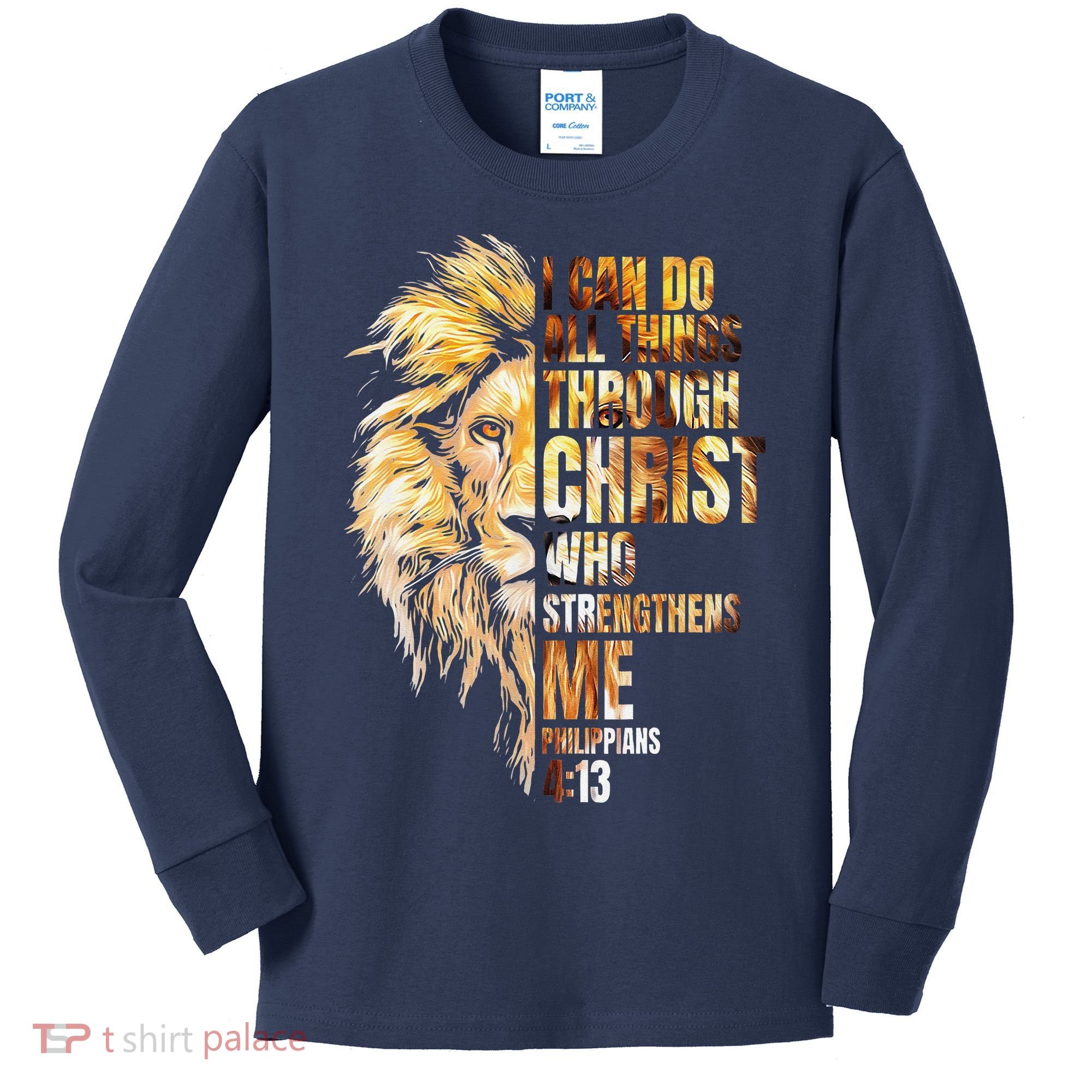 Christian I Can Do All Things Through Christ Lion Faith Kids Long Sleeve Shirt
