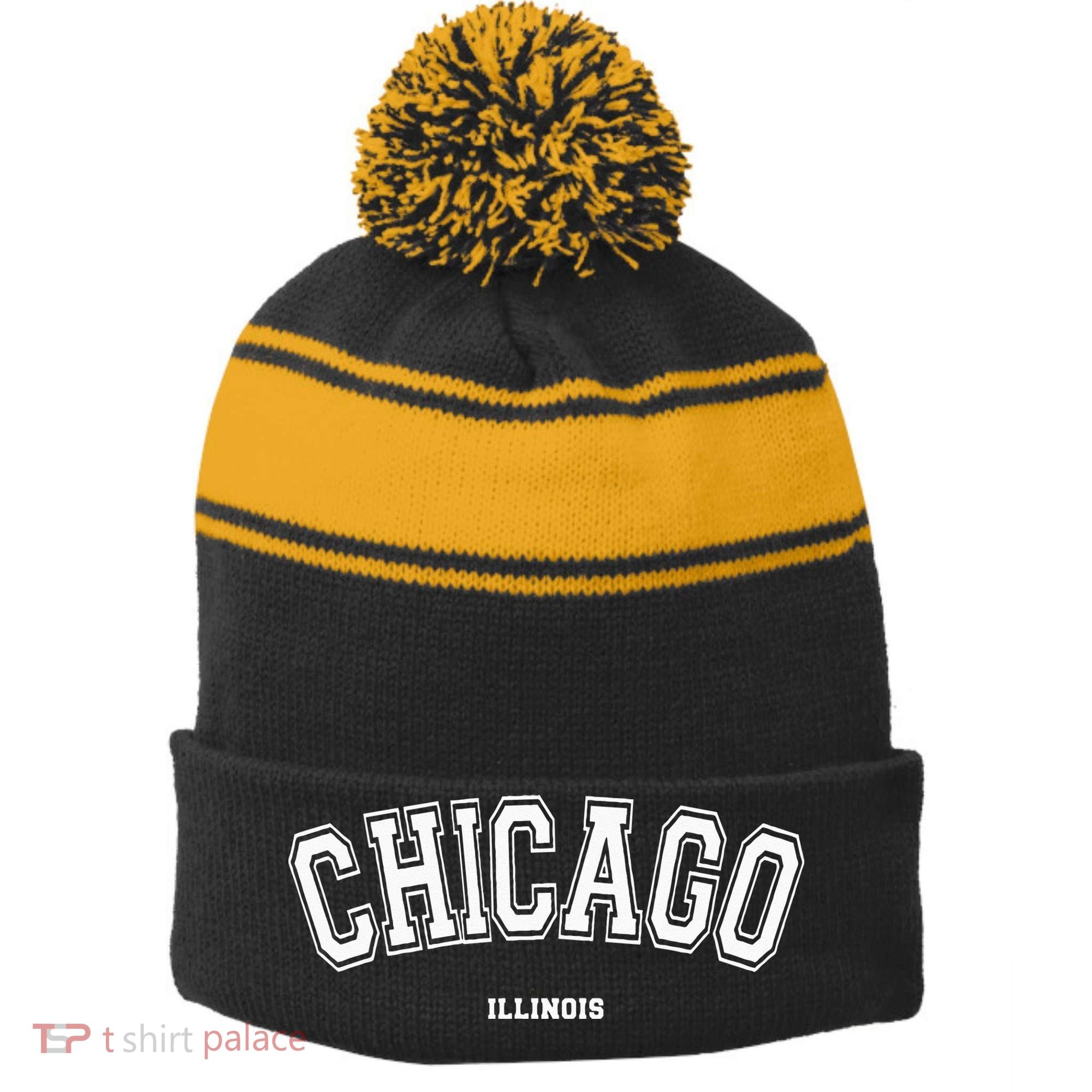 Chicago Illinois Stripe Pom Pom Beanie