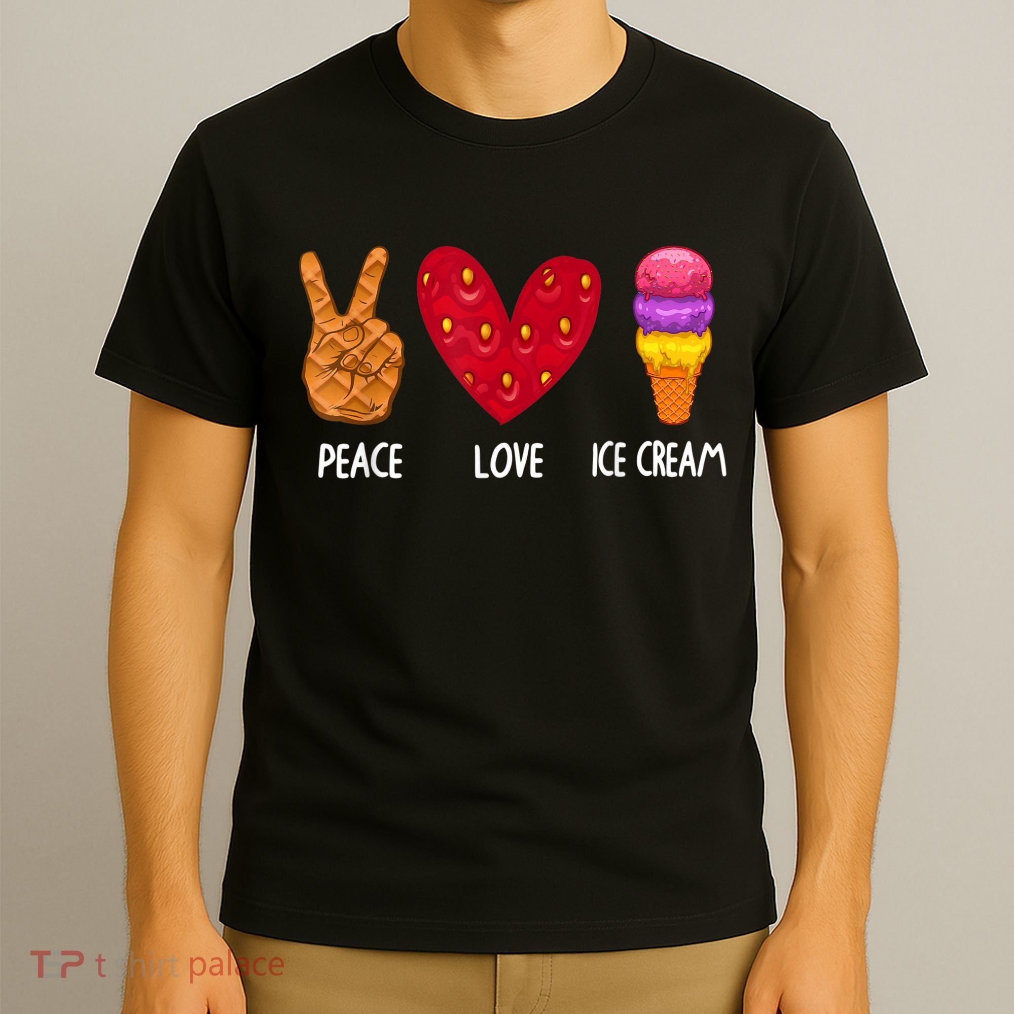 Cool Ice Cream Art For Men Women Peace Love Ice Cream Sundae T-Shirt