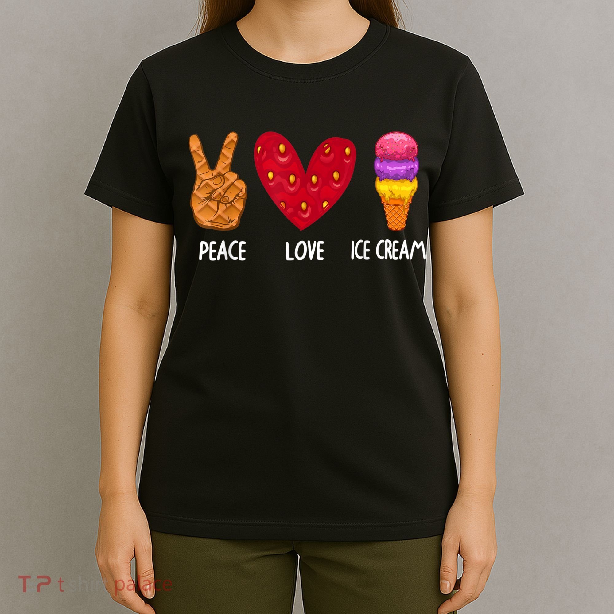 Cool Ice Cream Art For Men Women Peace Love Ice Cream Sundae T-Shirt