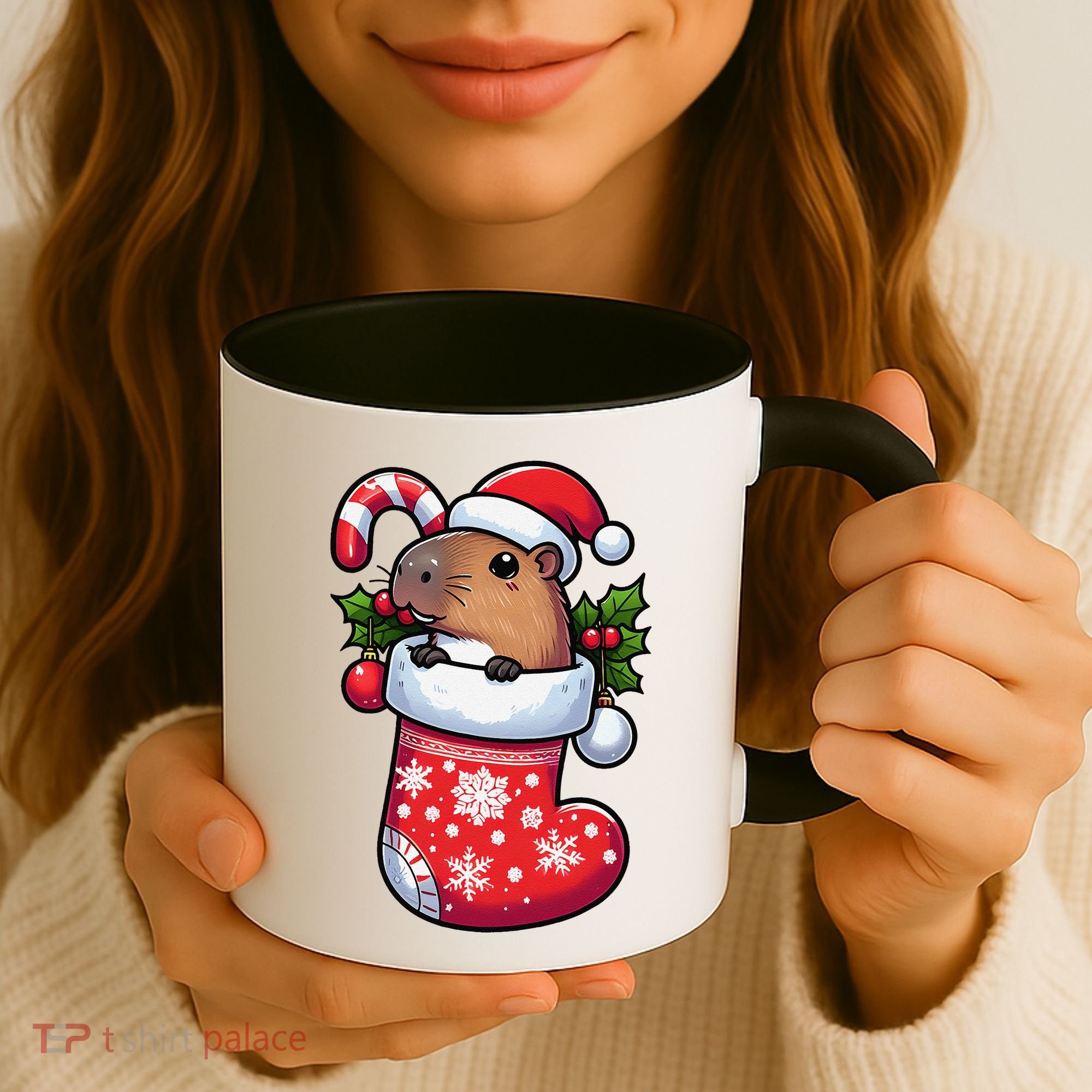 Capybara In Christmas Stocking Candy Cane Santa Hat Pajama Coffee Mug