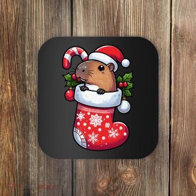 Capybara In Christmas Stocking Candy Cane Santa Hat Pajama Coaster