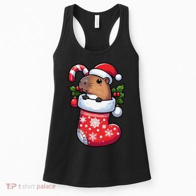 Capybara In Christmas Stocking Candy Cane Santa Hat Pajama Women's Tank Top