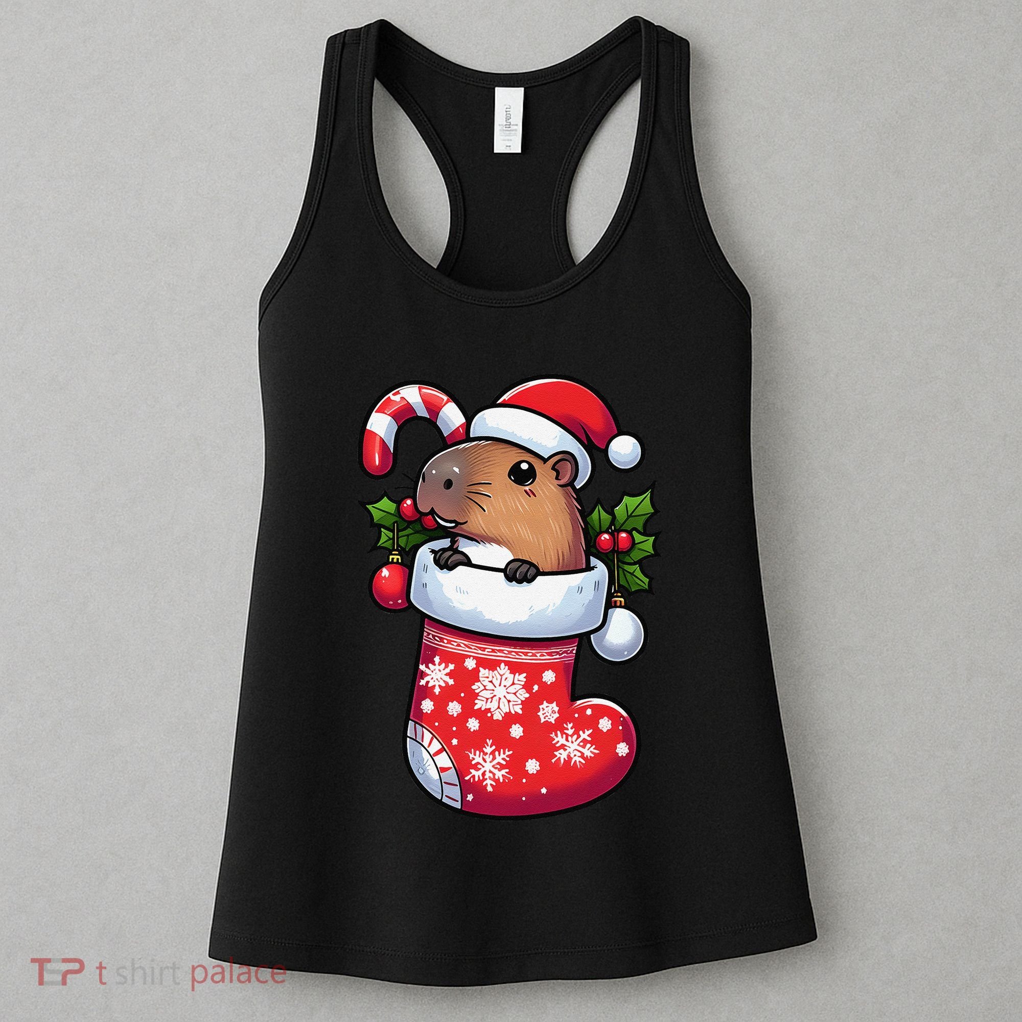 Capybara In Christmas Stocking Candy Cane Santa Hat Pajama Women's Tank Top