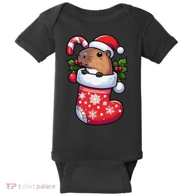 Capybara In Christmas Stocking Candy Cane Santa Hat Pajama Baby Bodysuit